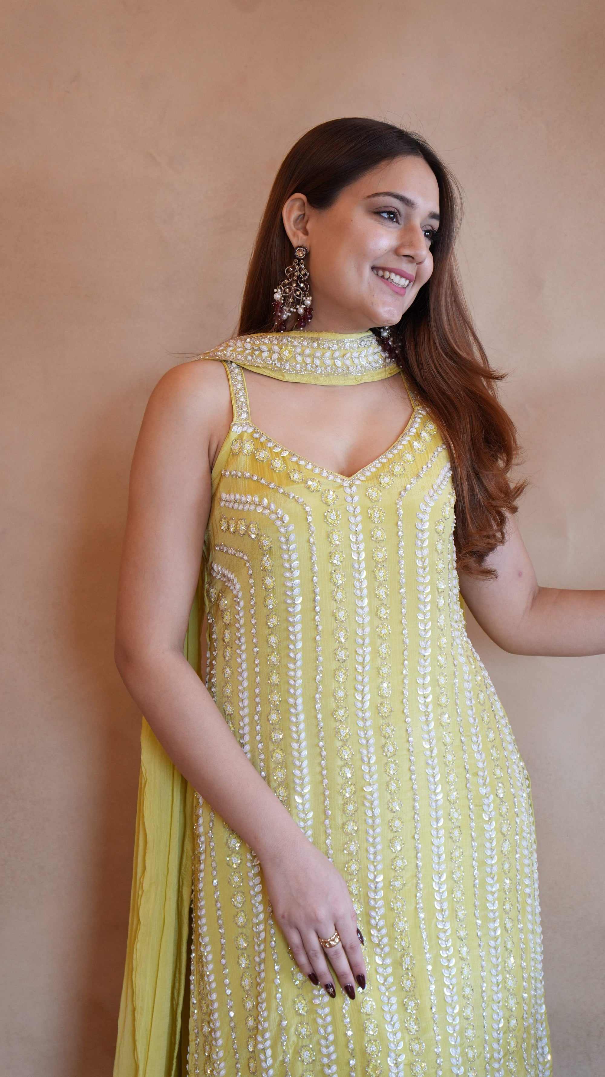 Mirror Embellished Sharara Set - Yellow