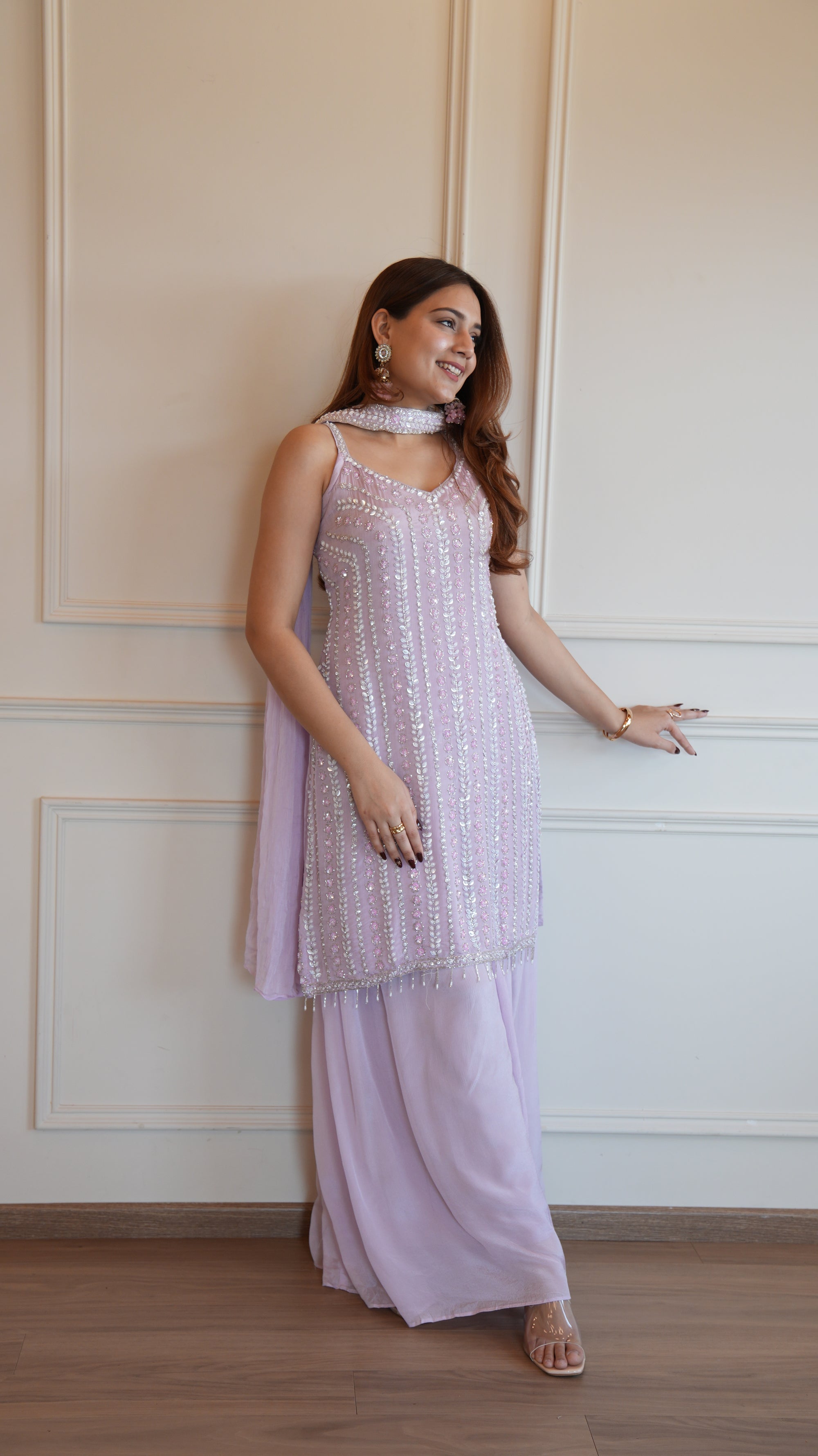 Mirror Embellished Sharara Set - Lavender