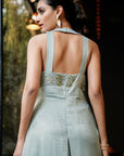 Embroidered Cutout Waist Jumpsuit - Pale Blue
