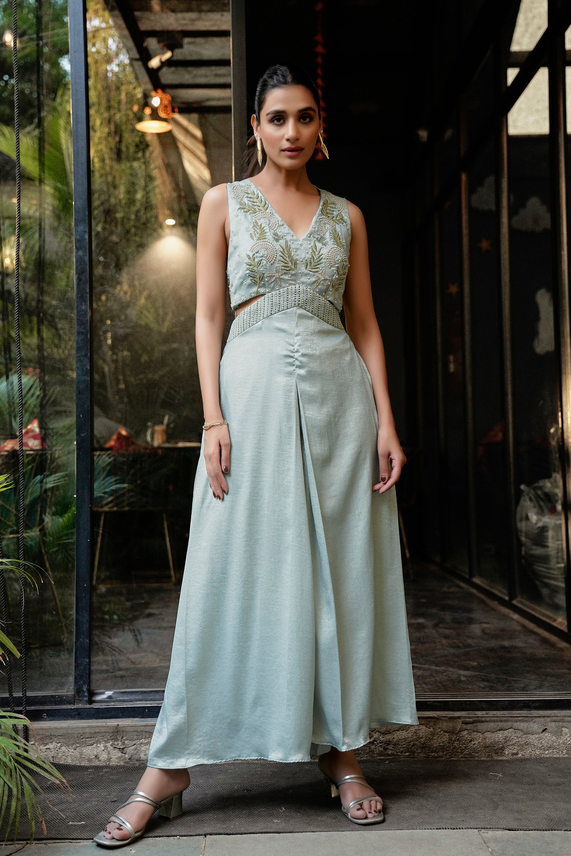 Embroidered Cutout Waist Jumpsuit - Pale Blue