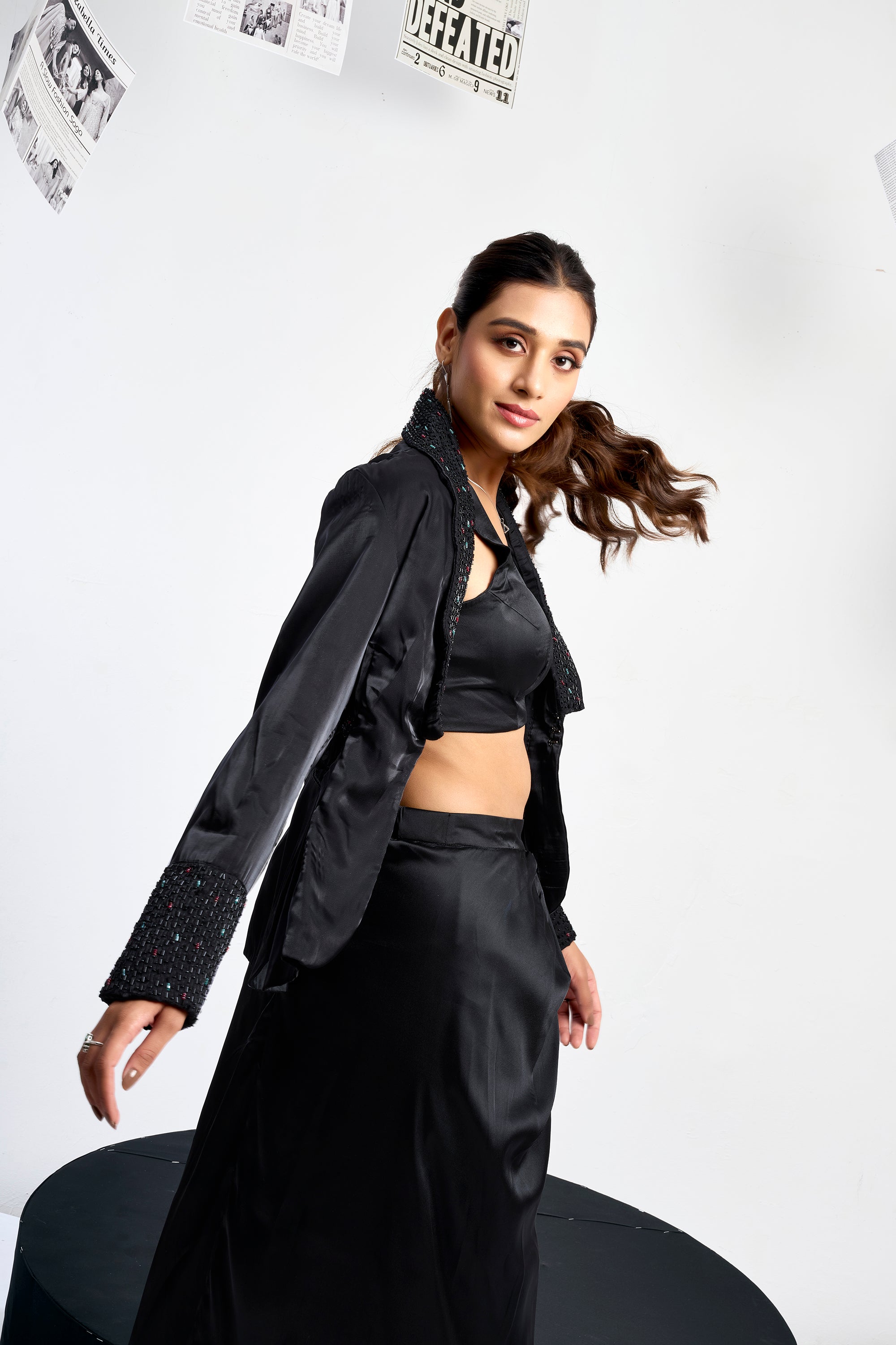 Cut-out Blazer Set with draped skirt - Black