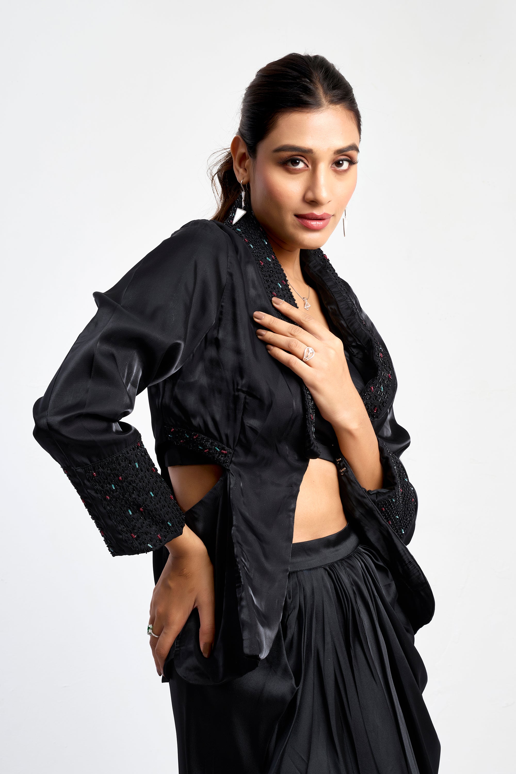 Cut-out Blazer Set with draped skirt - Black