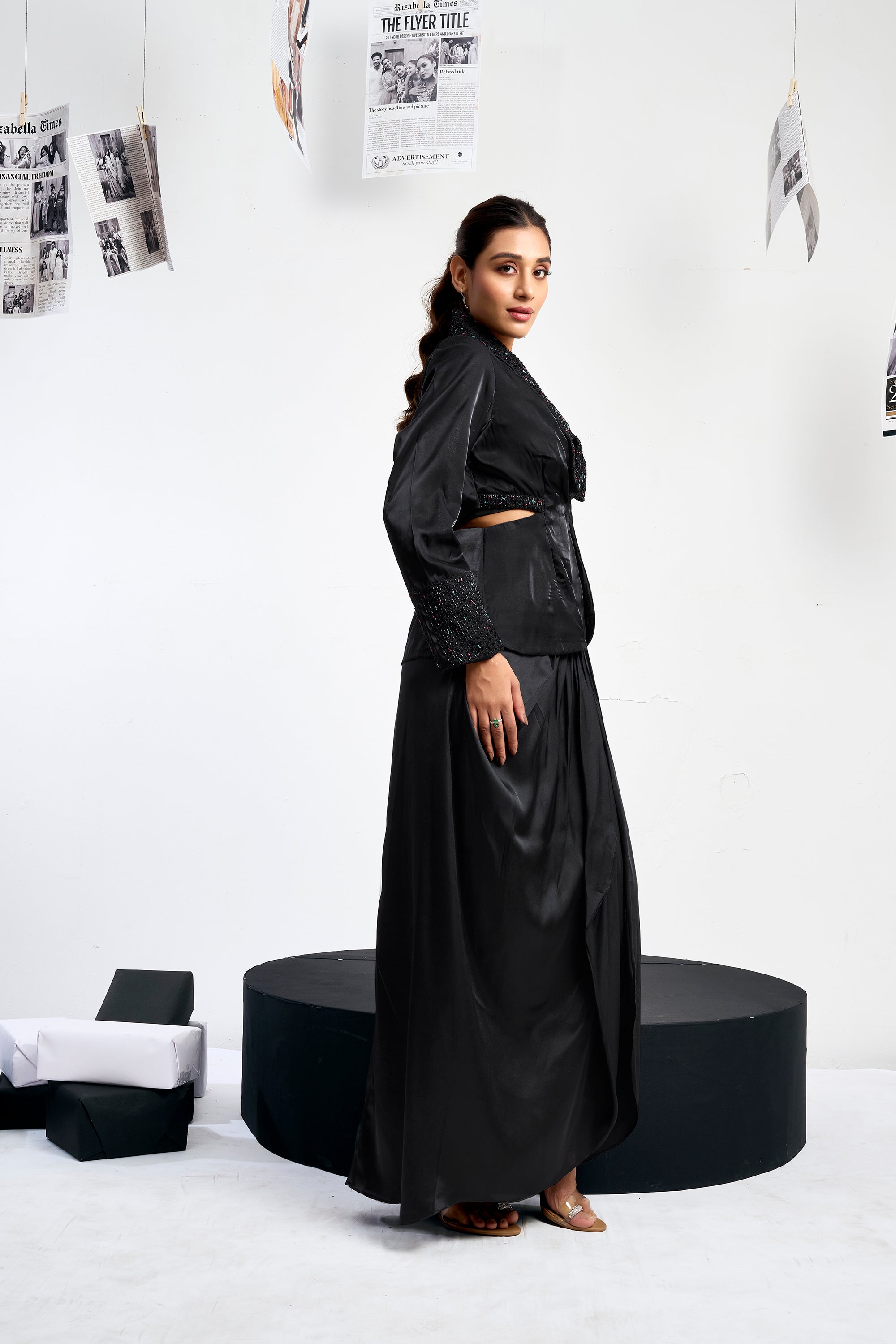 Cut-out Blazer Set with draped skirt - Black