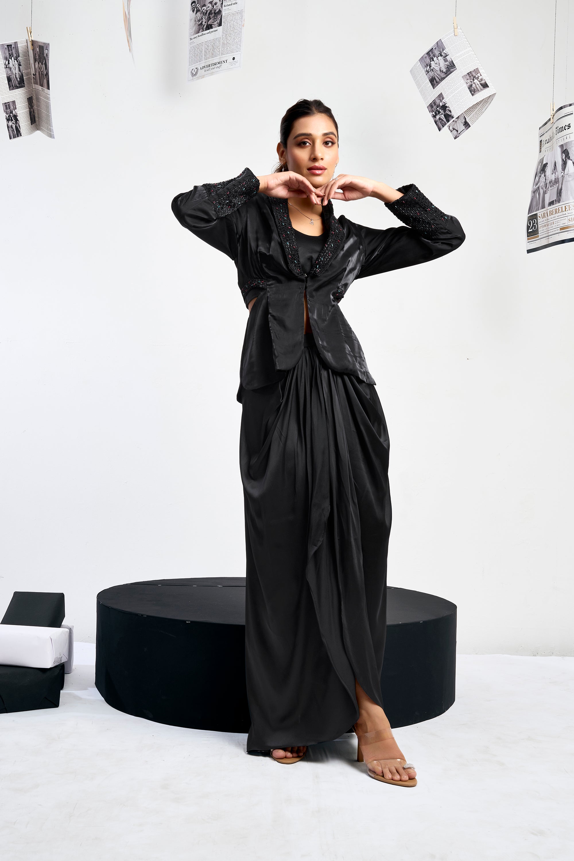 Cut-out Blazer Set with draped skirt - Black