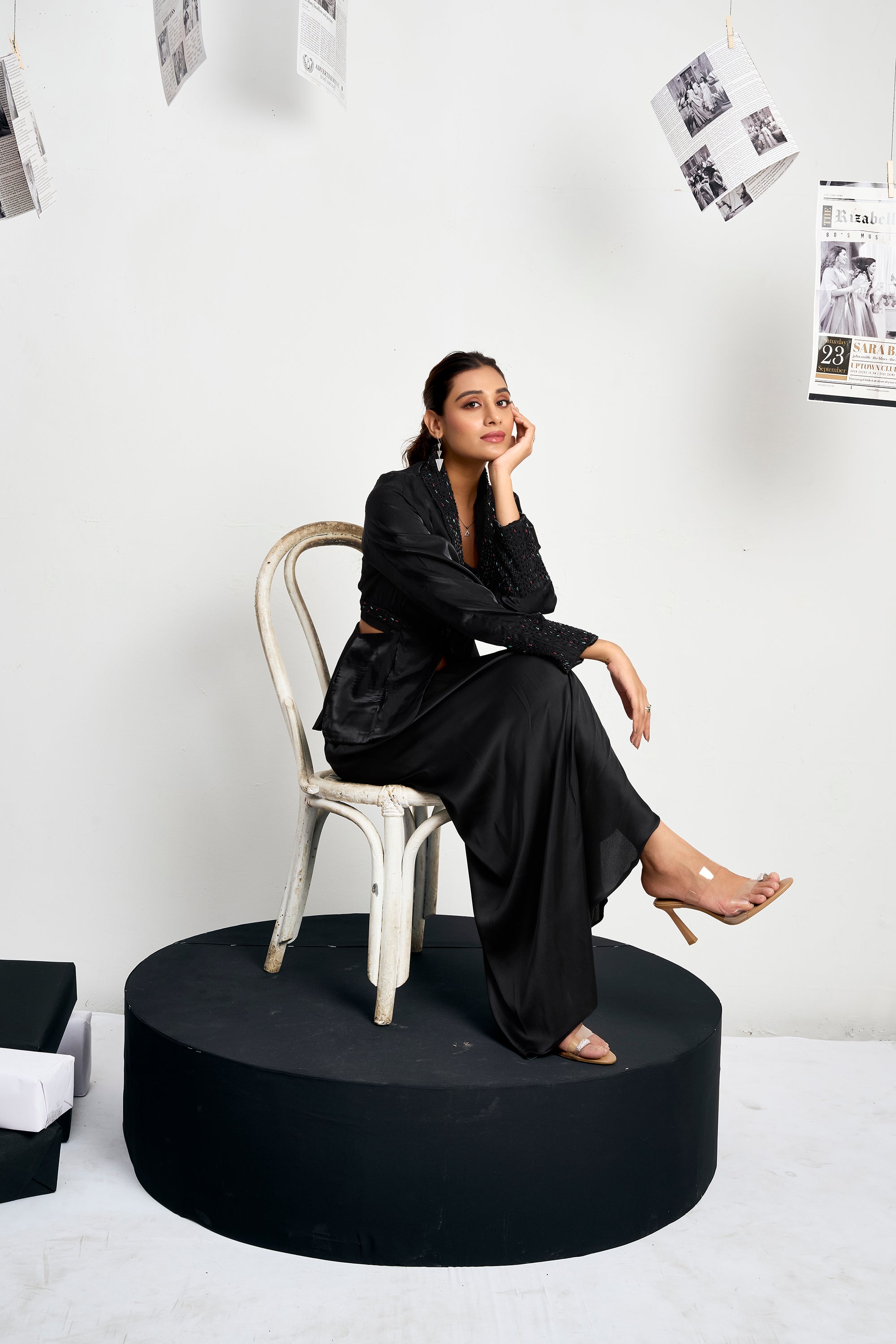 Cut-out Blazer Set with draped skirt - Black