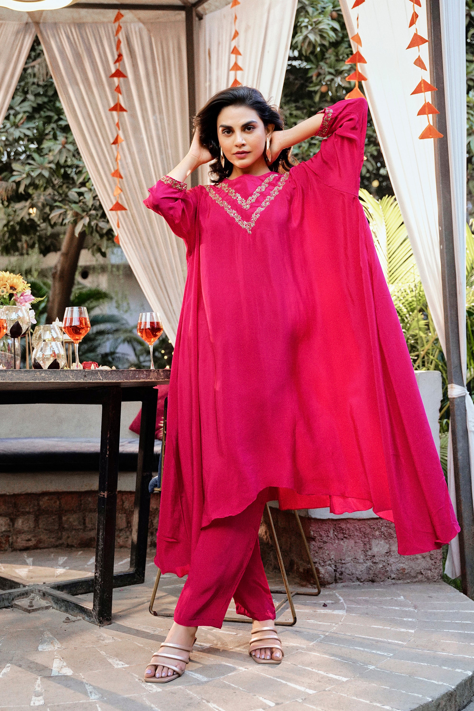 Embroidered Two-Piece Laurel Set - Vibrant Fuchsia