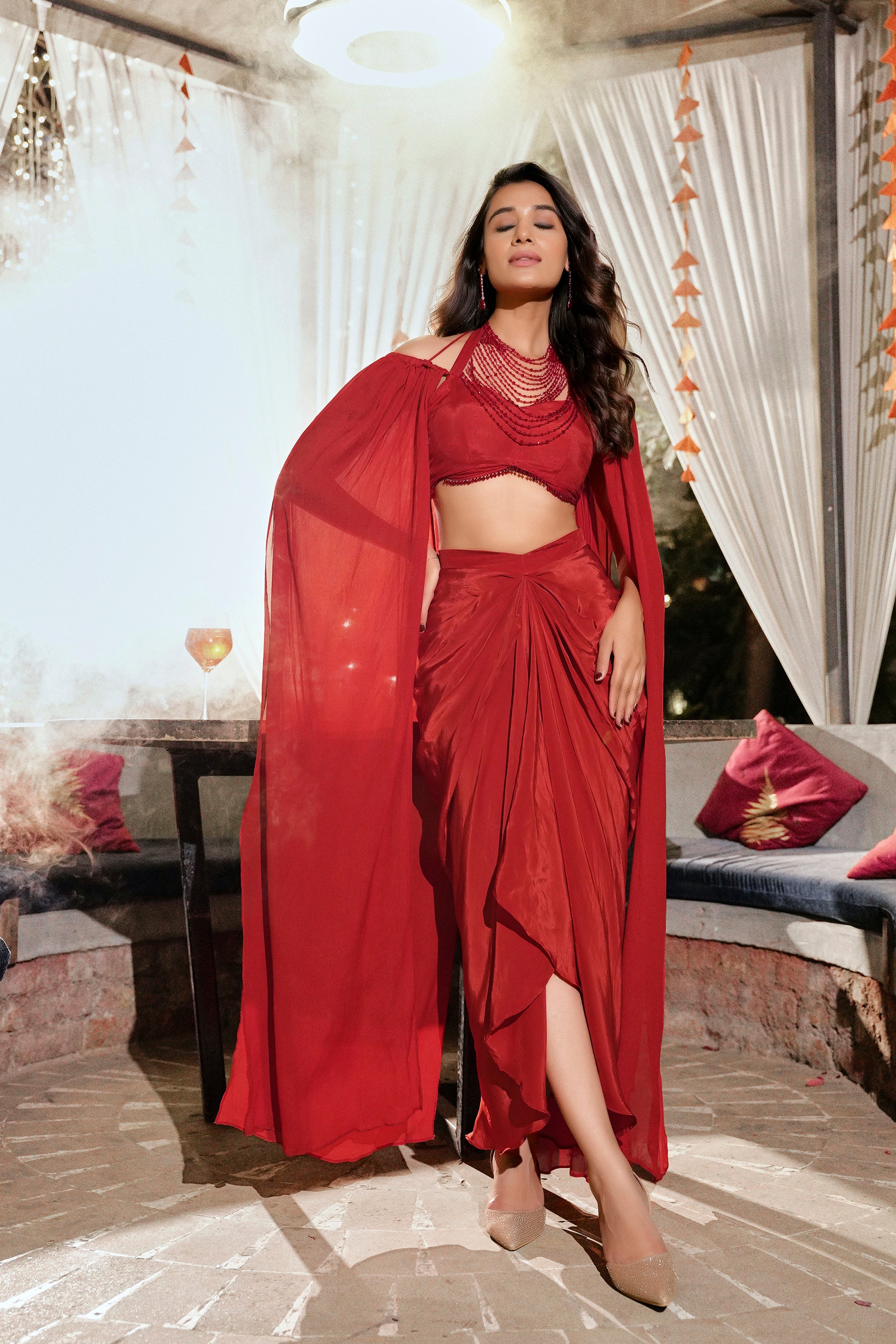 Elevated Draped Skirt Cape Set - Rust Red