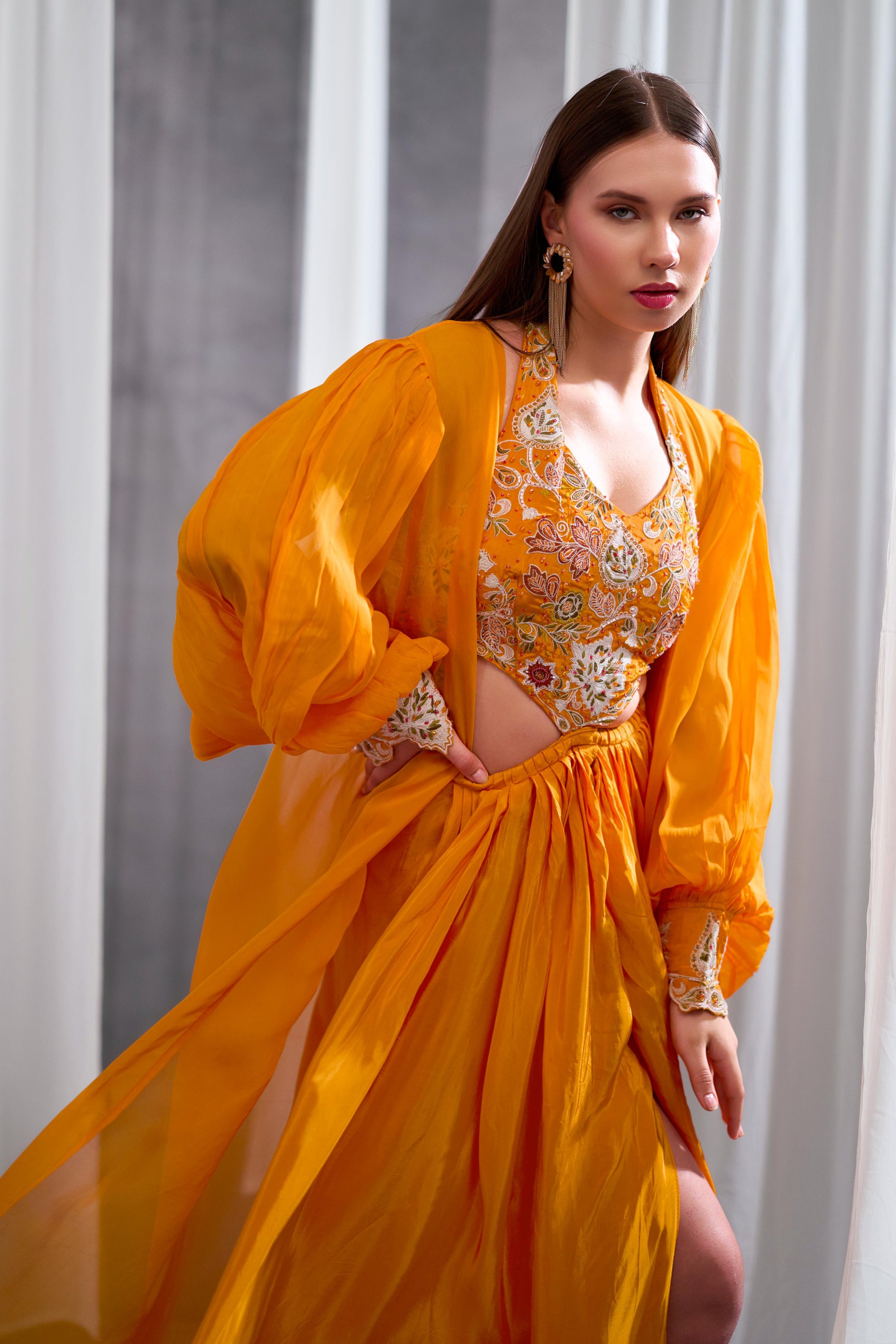 Rizabella Women Sitara Orange Printed Fusion Drape Skirt Set with Cape
