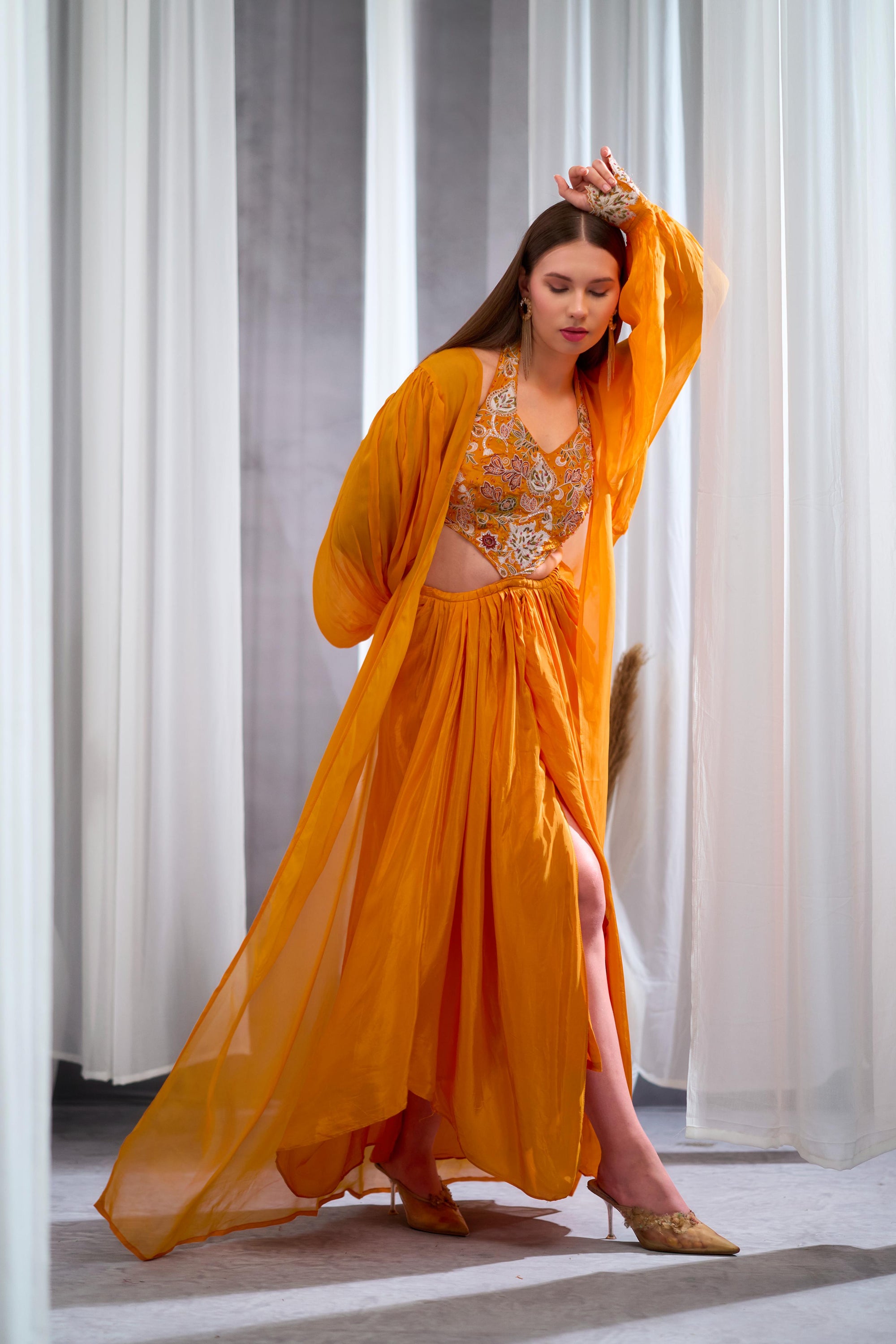Rizabella Women Sitara Orange Printed Fusion Drape Skirt Set with Cape