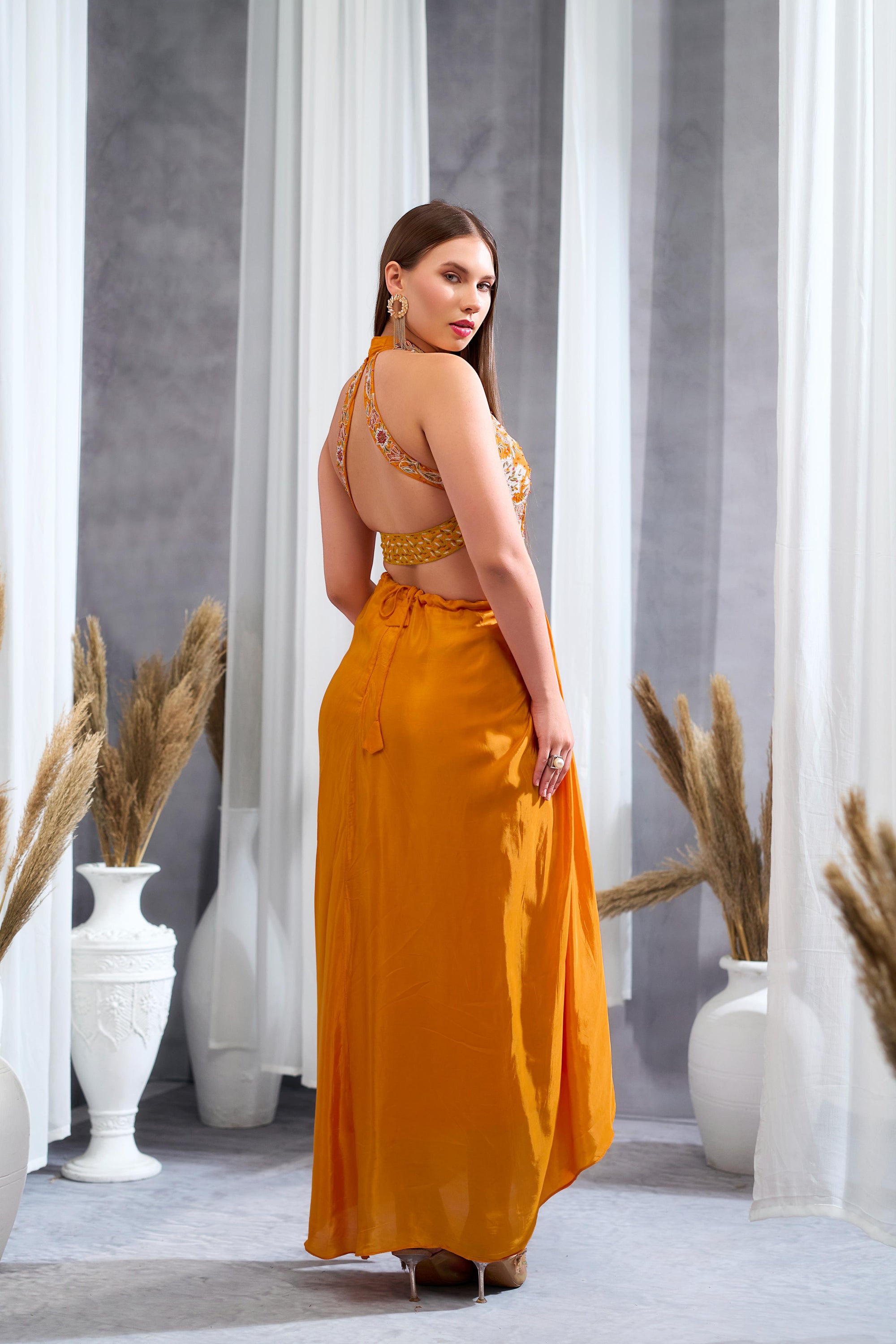Rizabella Women Sitara Orange Printed Fusion Drape Skirt Set with Cape