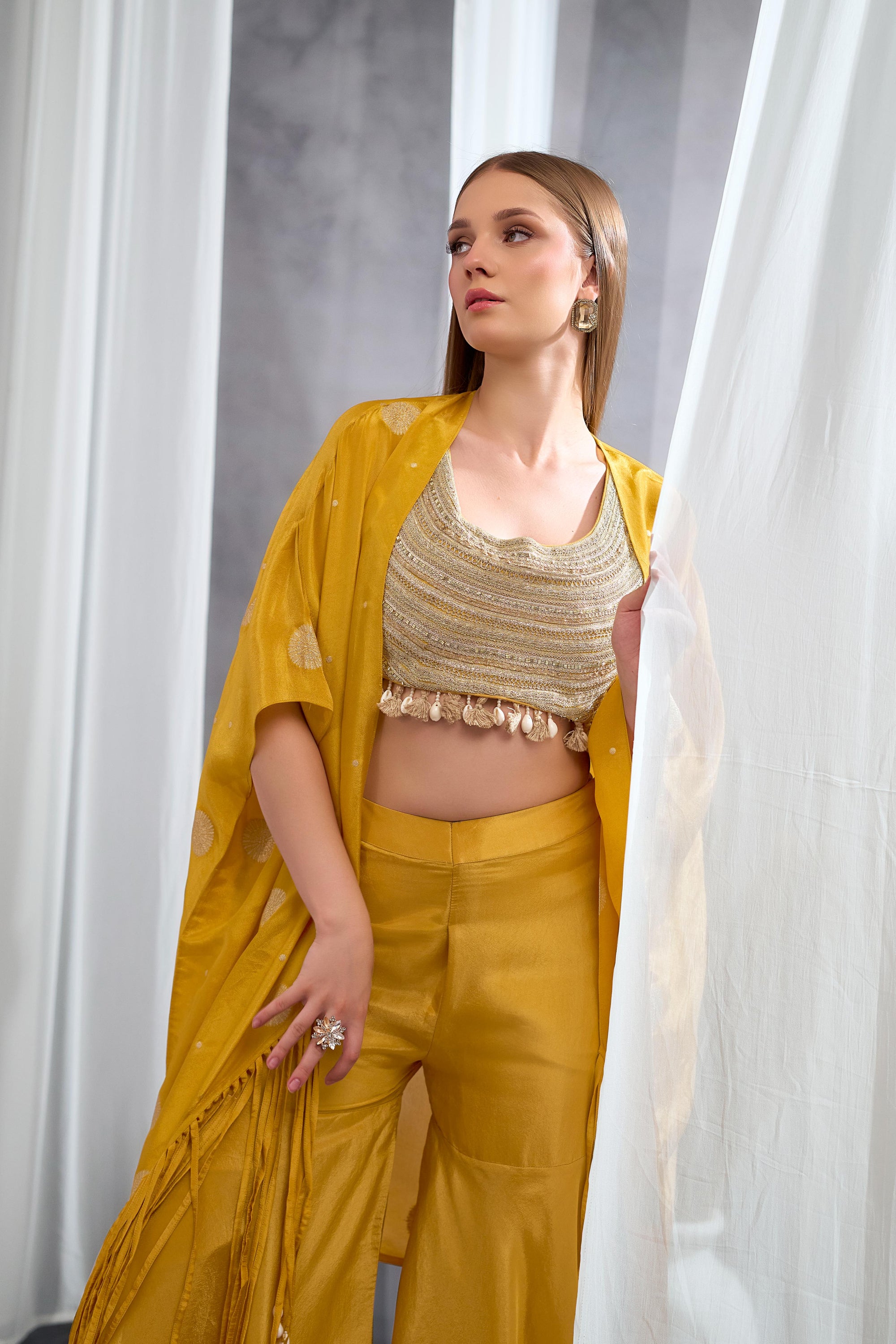 Rizabella Women Veda Mustard Embellished Cape Pant Set
