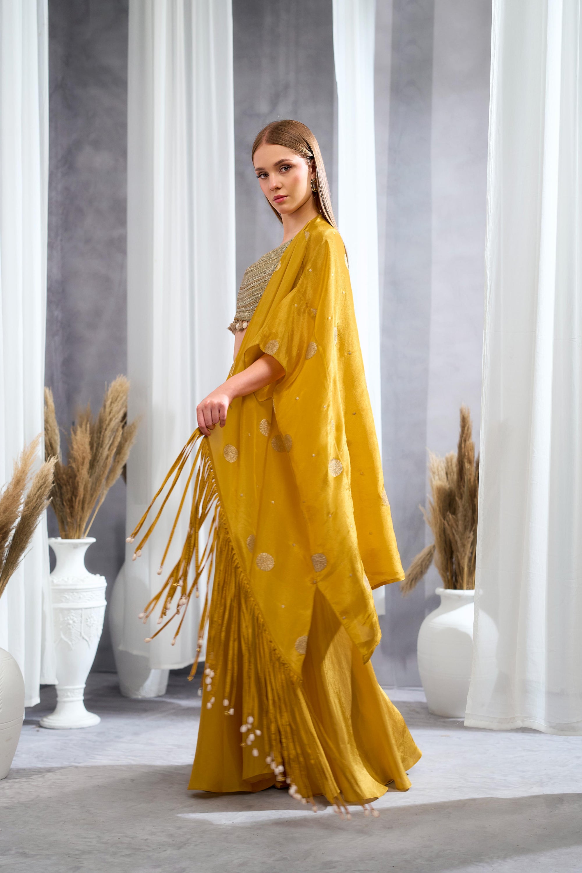 Rizabella Women Veda Mustard Embellished Cape Pant Set