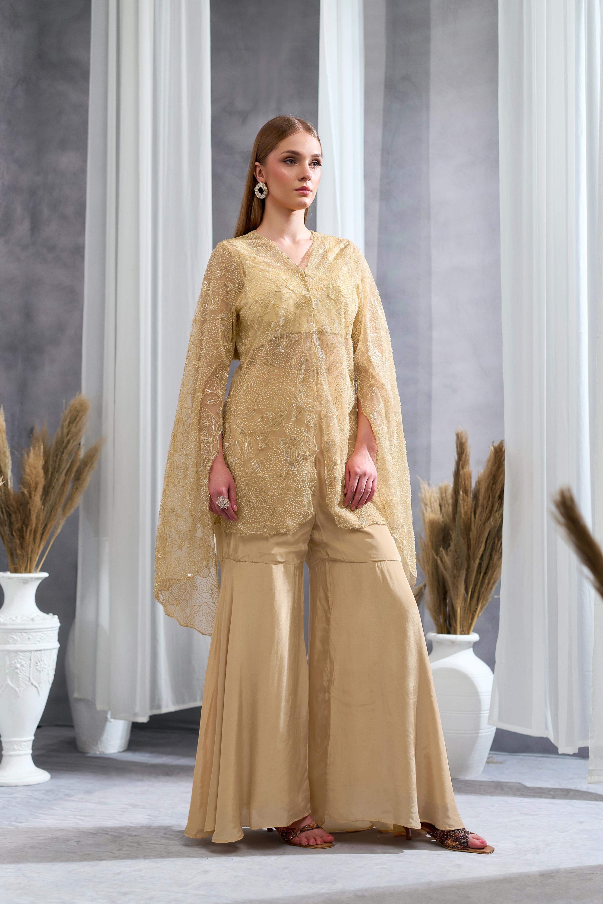 RIZABELLA Women Luxe Beige Embroidered Net jacket Pant Set