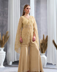 RIZABELLA Women Luxe Beige Embroidered Net jacket Pant Set