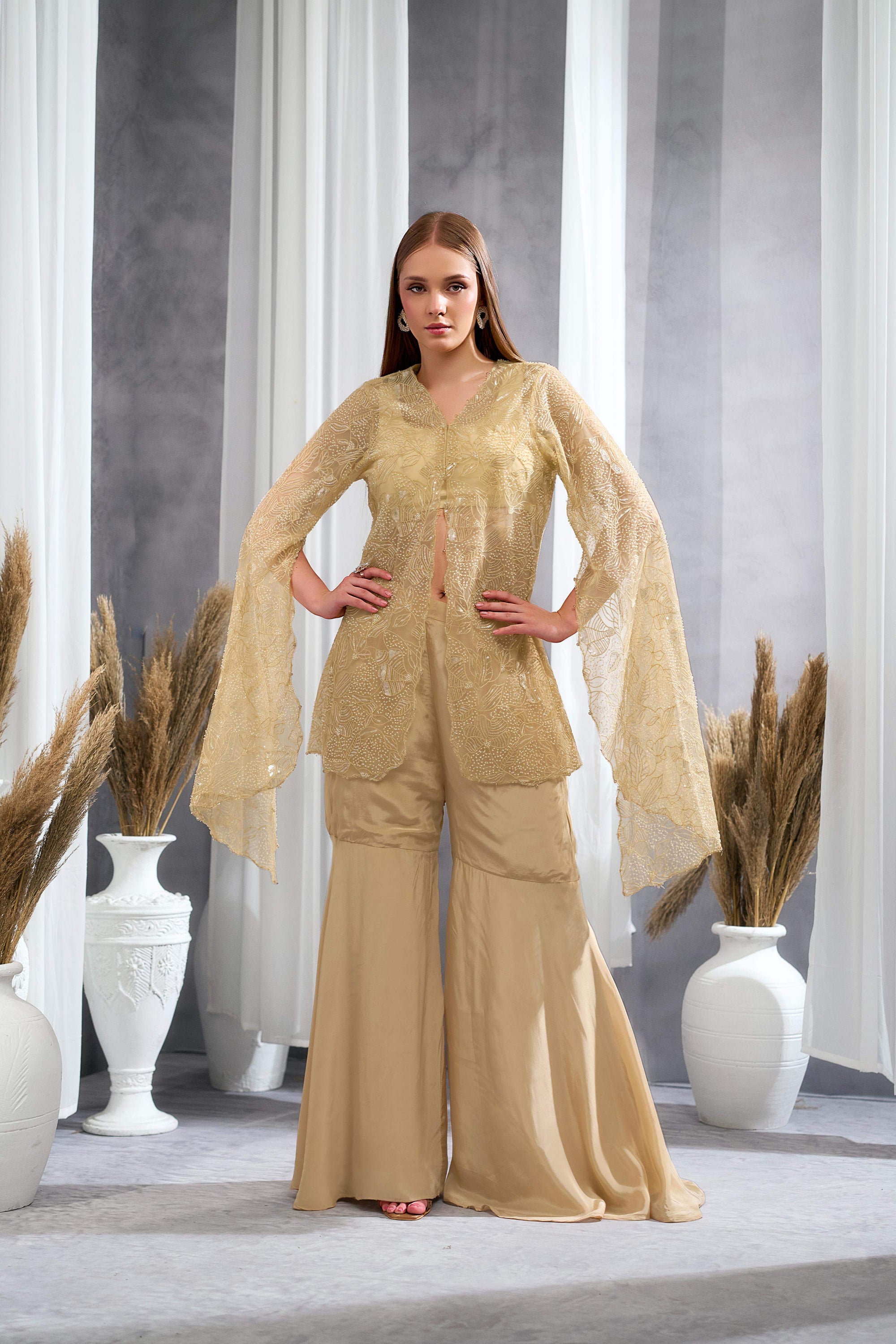 RIZABELLA Women Luxe Beige Embroidered Net jacket Pant Set