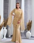 RIZABELLA Women Luxe Beige Embroidered Net jacket Pant Set