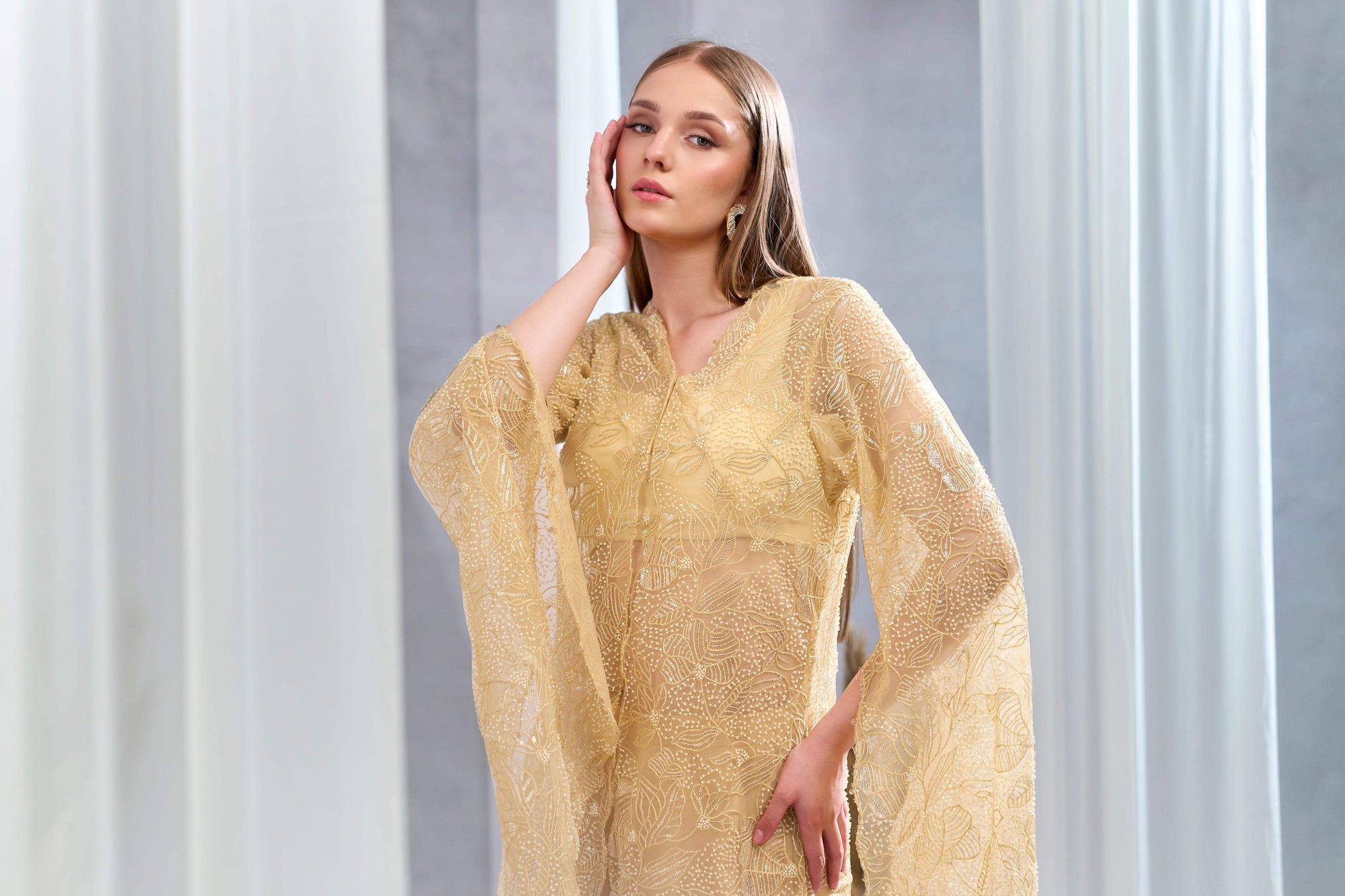 RIZABELLA Women Luxe Beige Embroidered Net jacket Pant Set