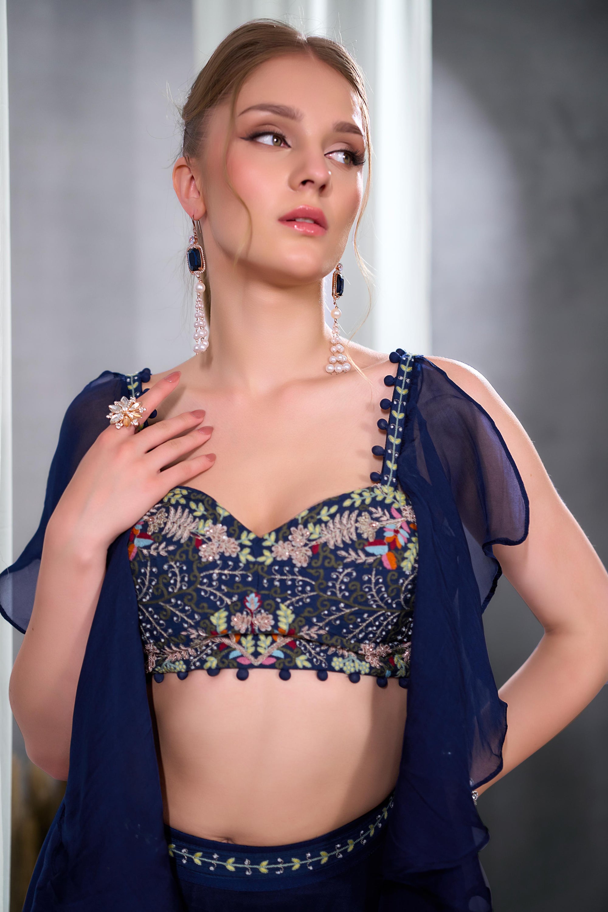 Rizabella Women Zaria Navy Blue Embroidered Lehenga Set with Sheer Cape