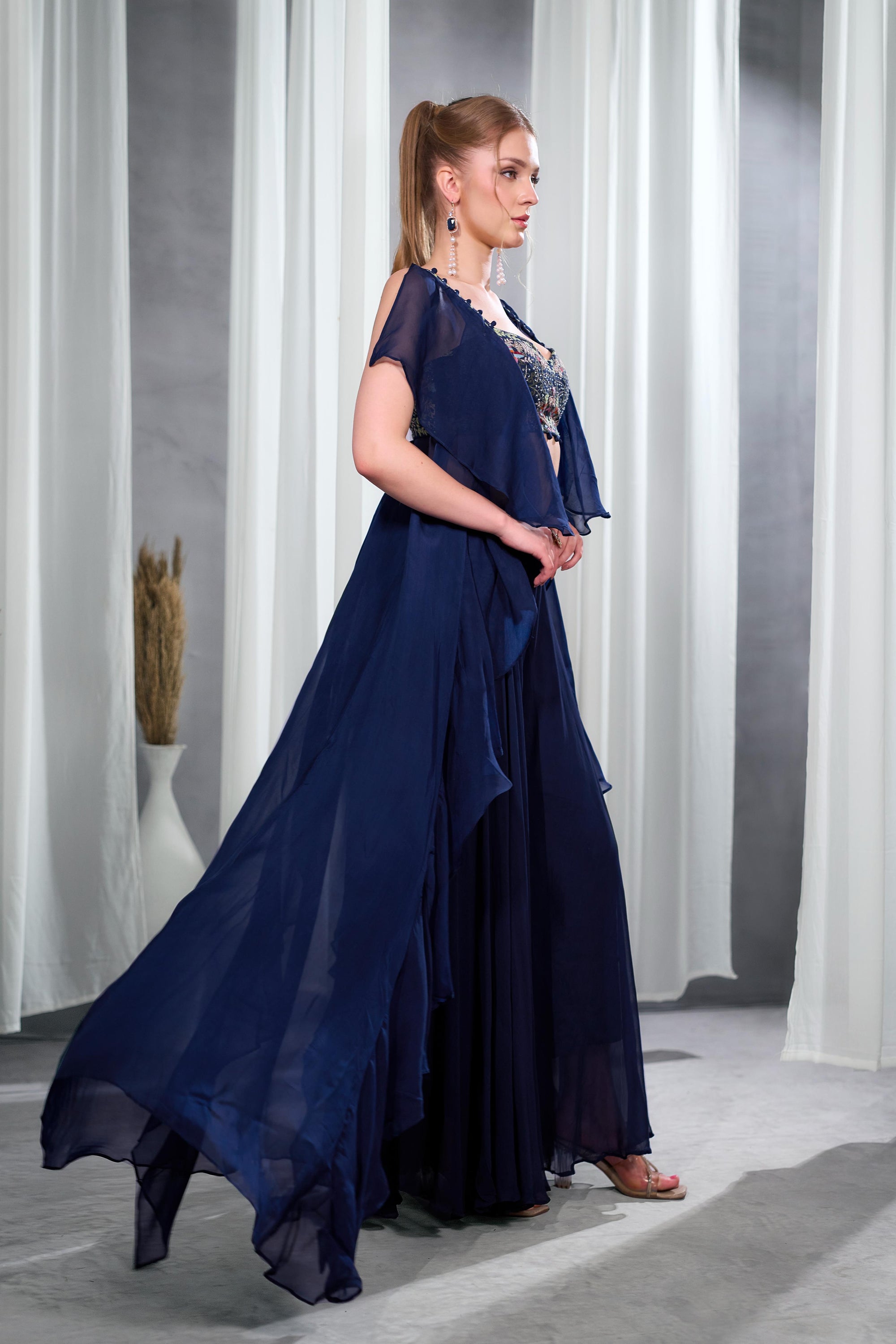 Rizabella Women Zaria Navy Blue Embroidered Lehenga Set with Sheer Cape