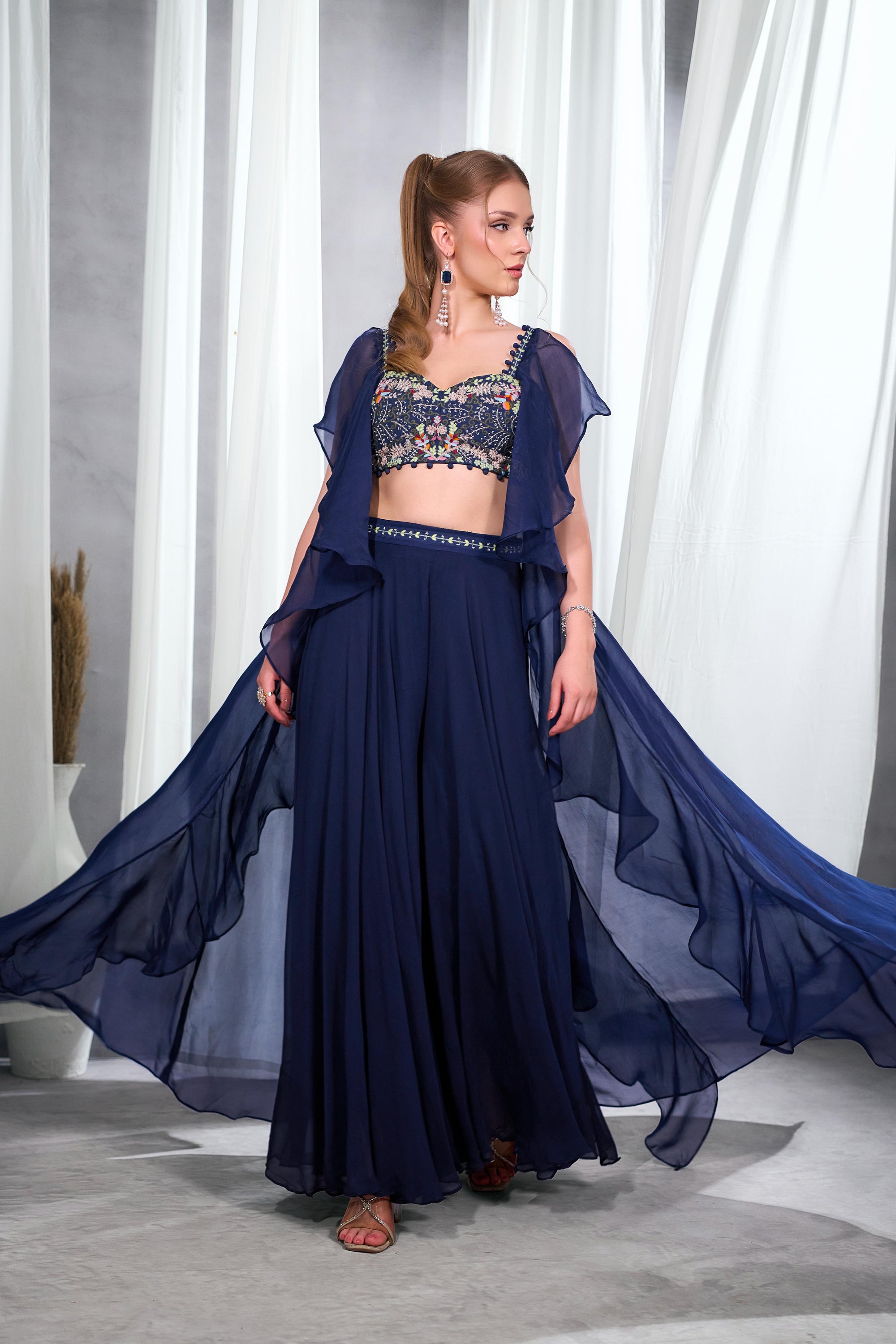 Rizabella Women Zaria Navy Blue Embroidered Lehenga Set with Sheer Cape