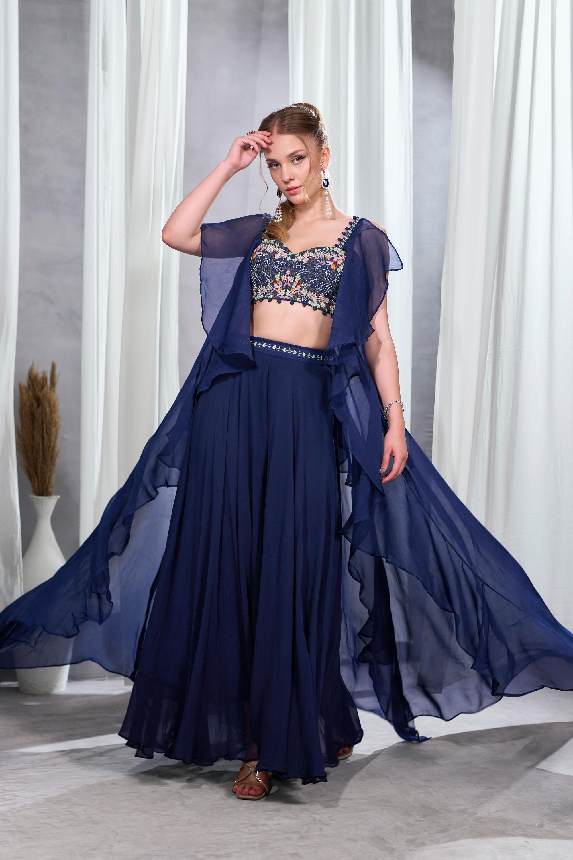 Rizabella Women Zaria Navy Blue Embroidered Lehenga Set with Sheer Cape
