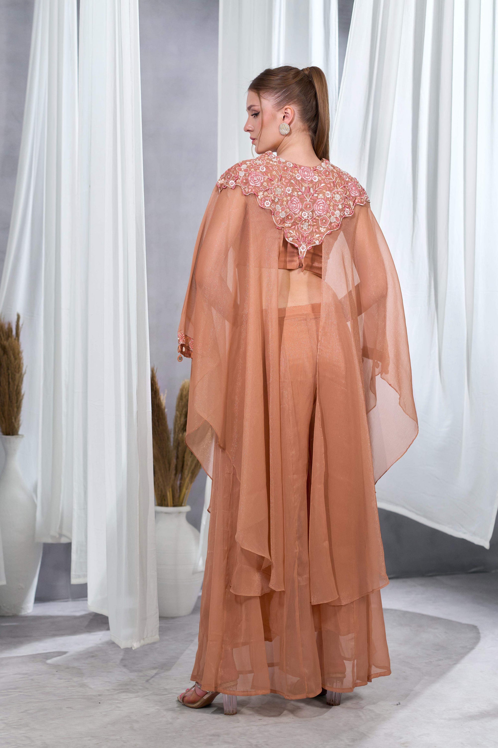 Women Urban peach Embellished Cape Palazzo Set