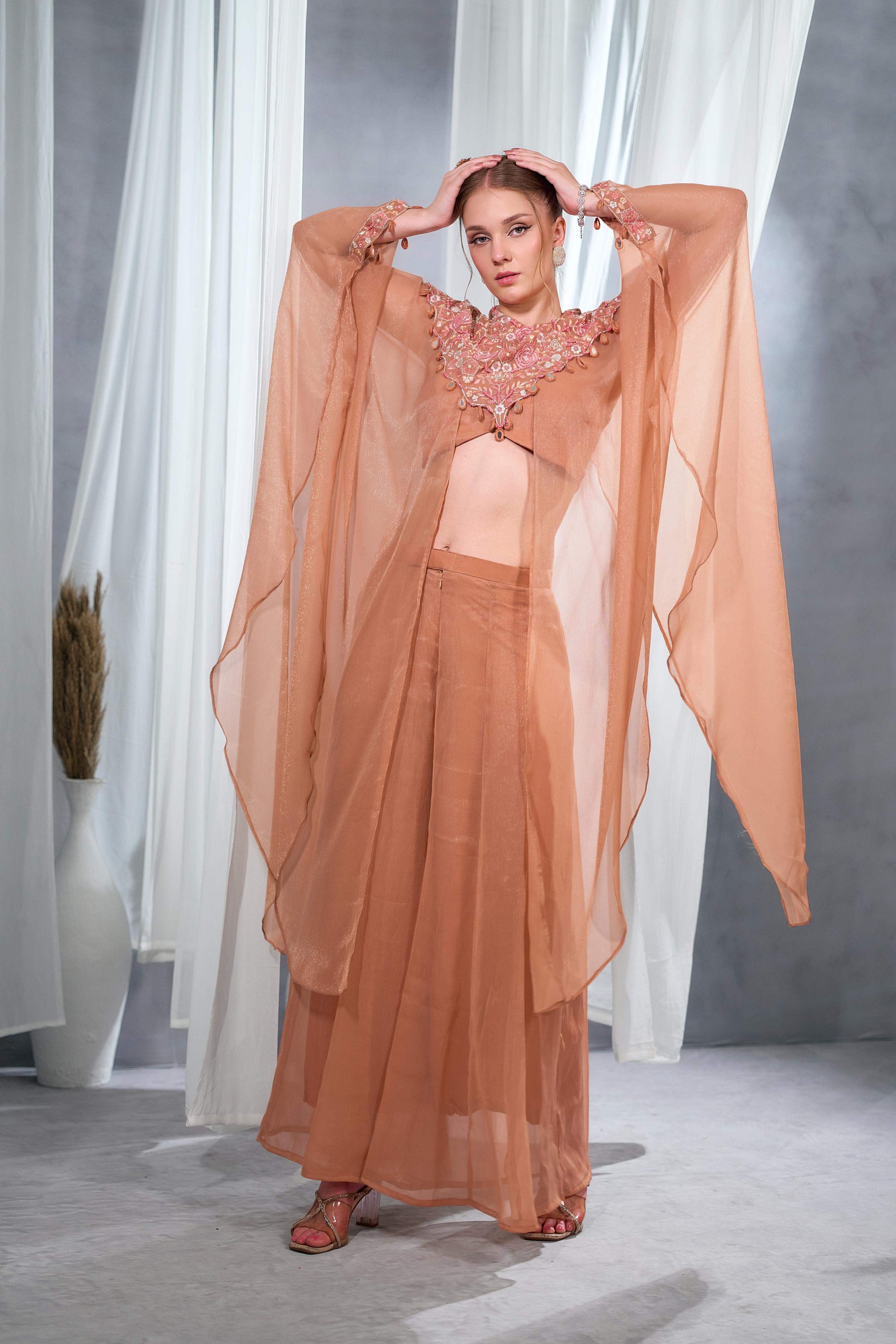 Women Urban peach Embellished Cape Palazzo Set