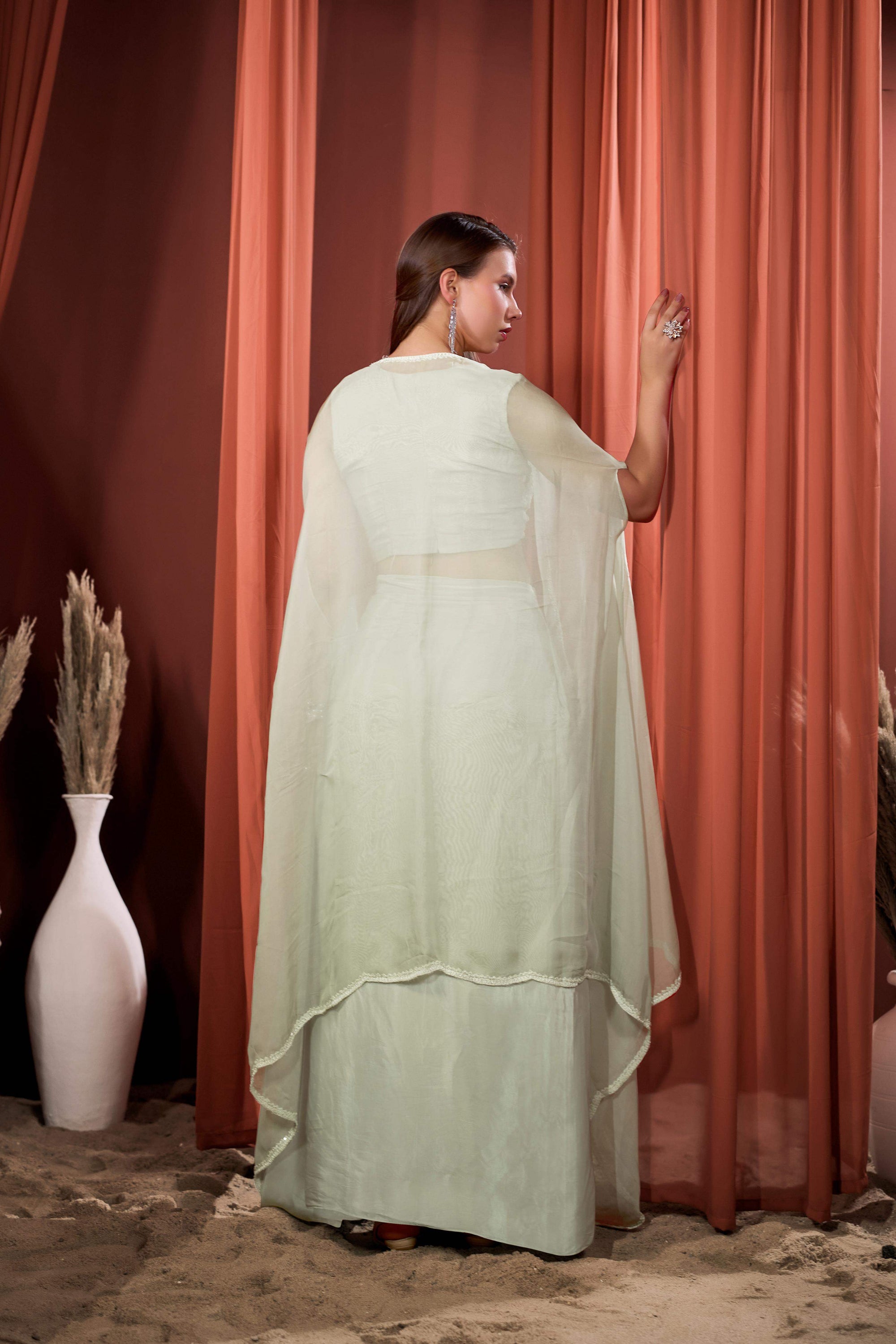 RIZABELLA Women Veda Embroidered Drape Set with Cape