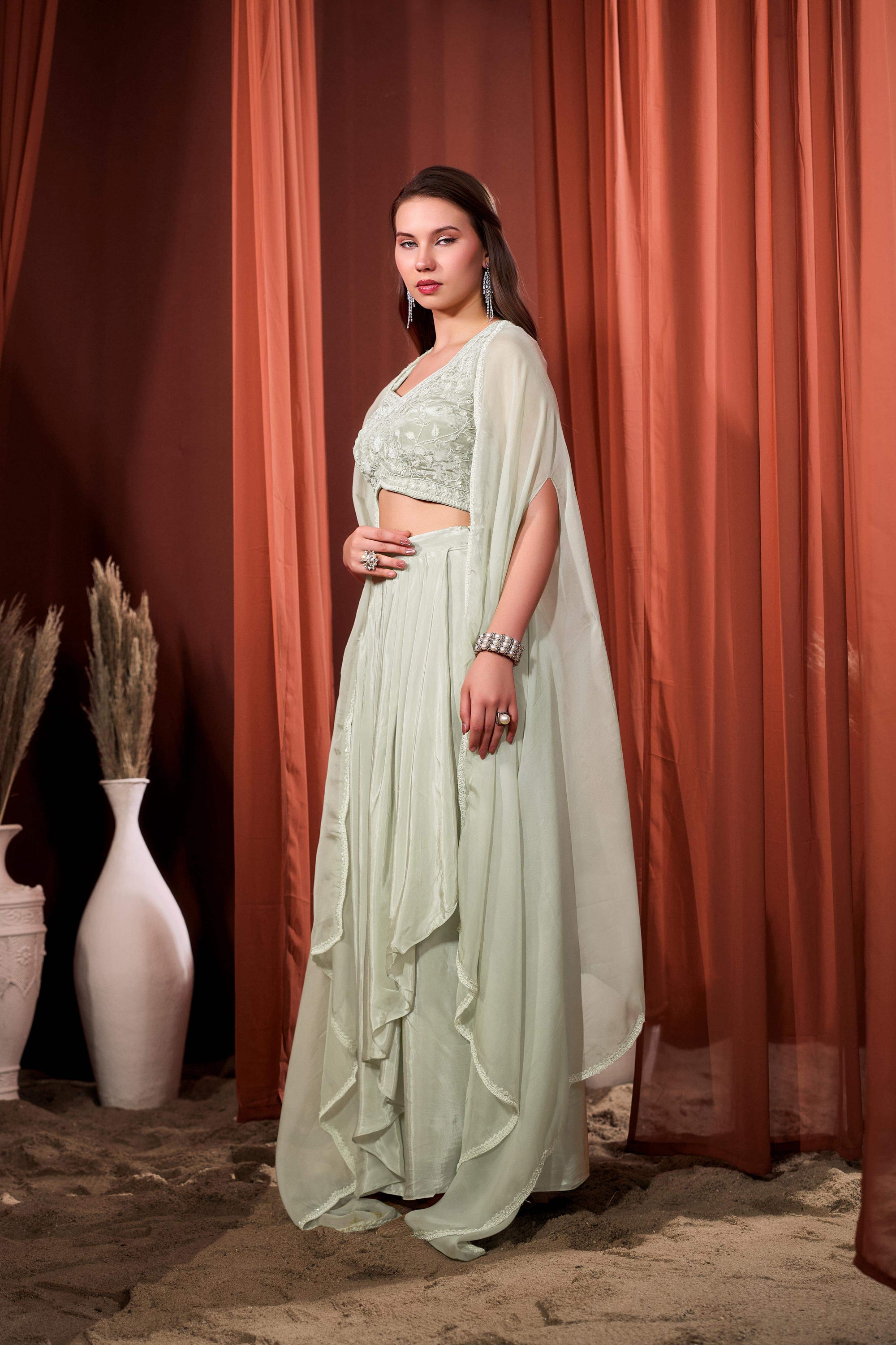 RIZABELLA Women Veda Embroidered Drape Set with Cape
