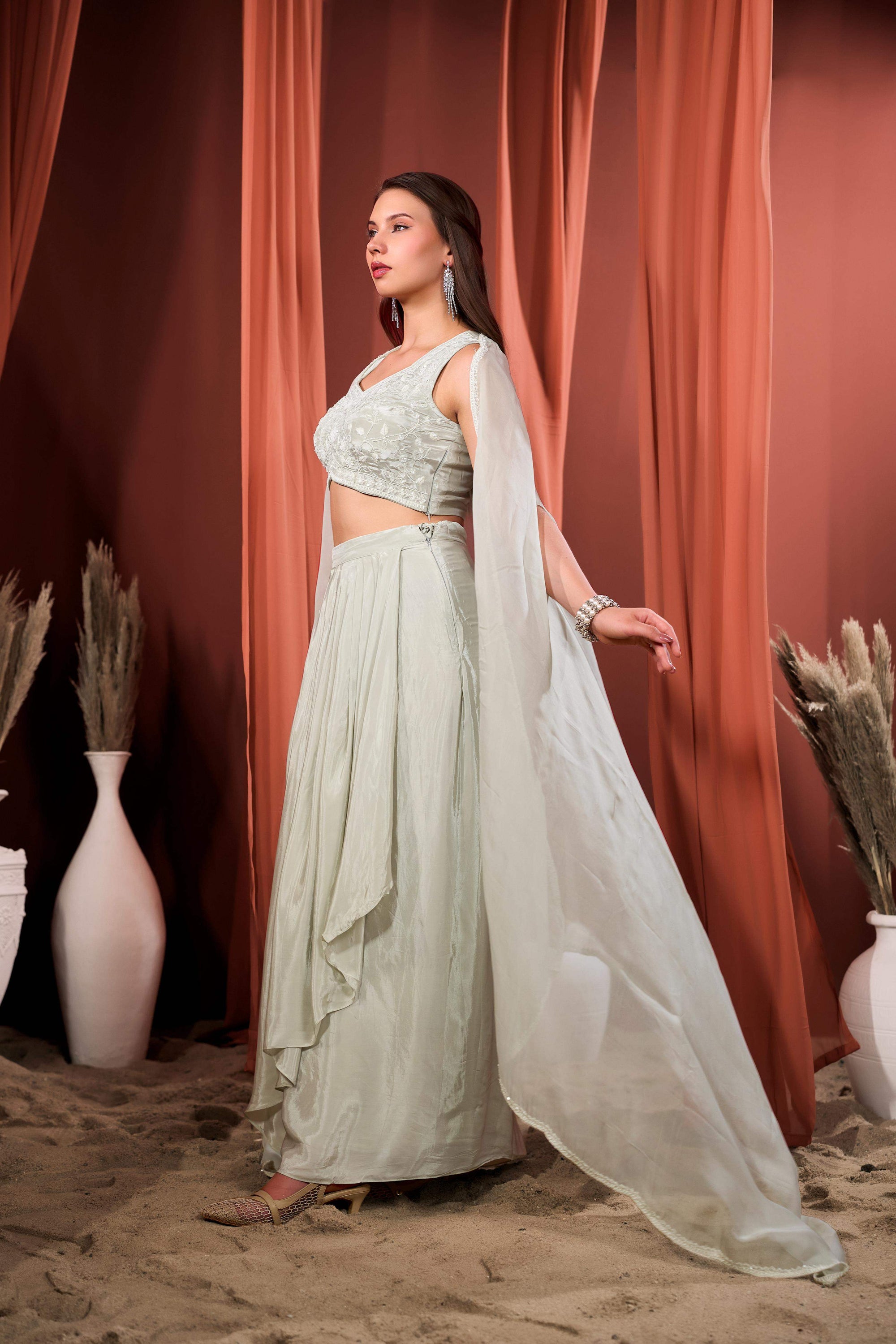 RIZABELLA Women Veda Embroidered Drape Set with Cape