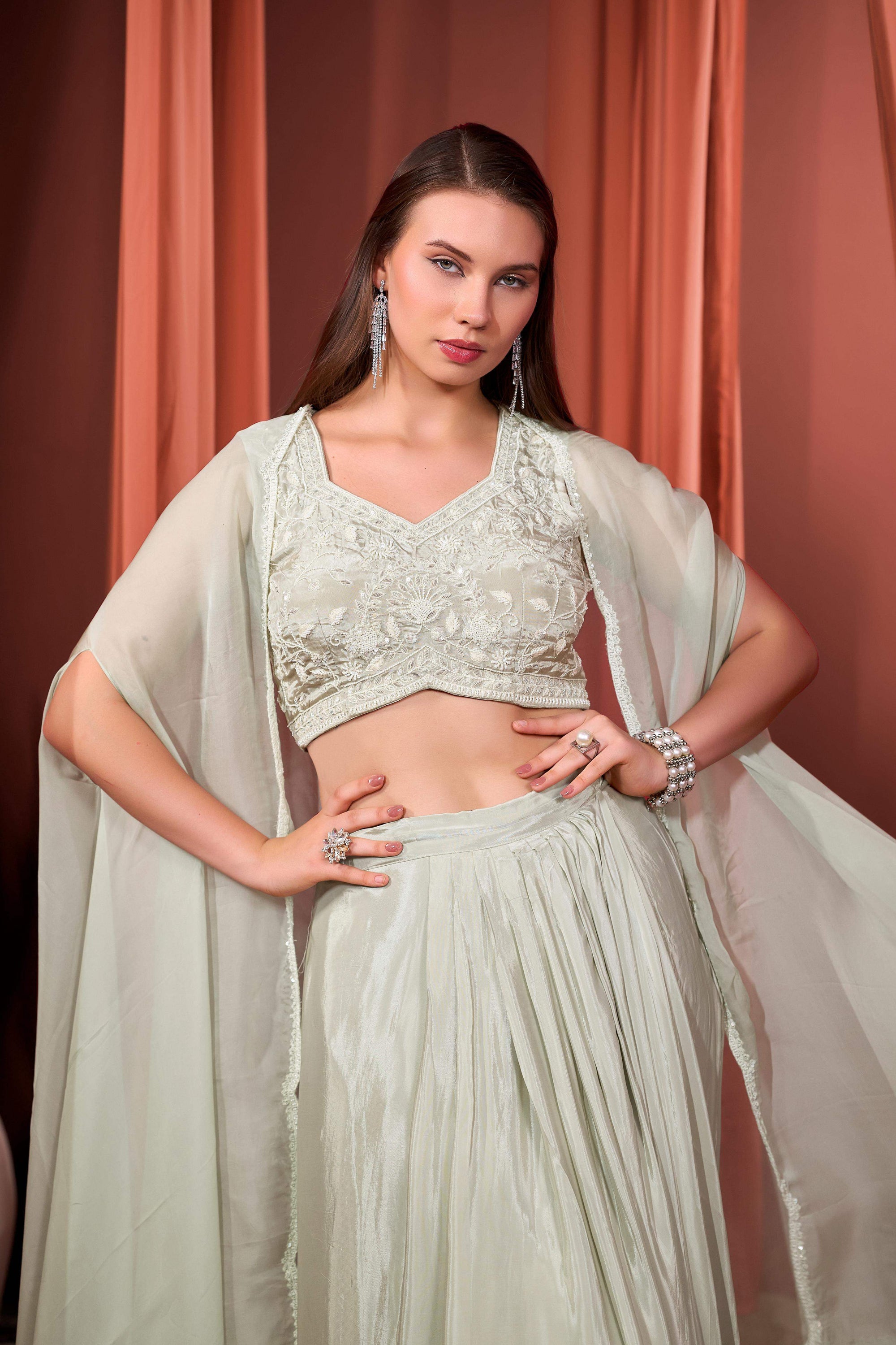 RIZABELLA Women Veda Embroidered Drape Set with Cape