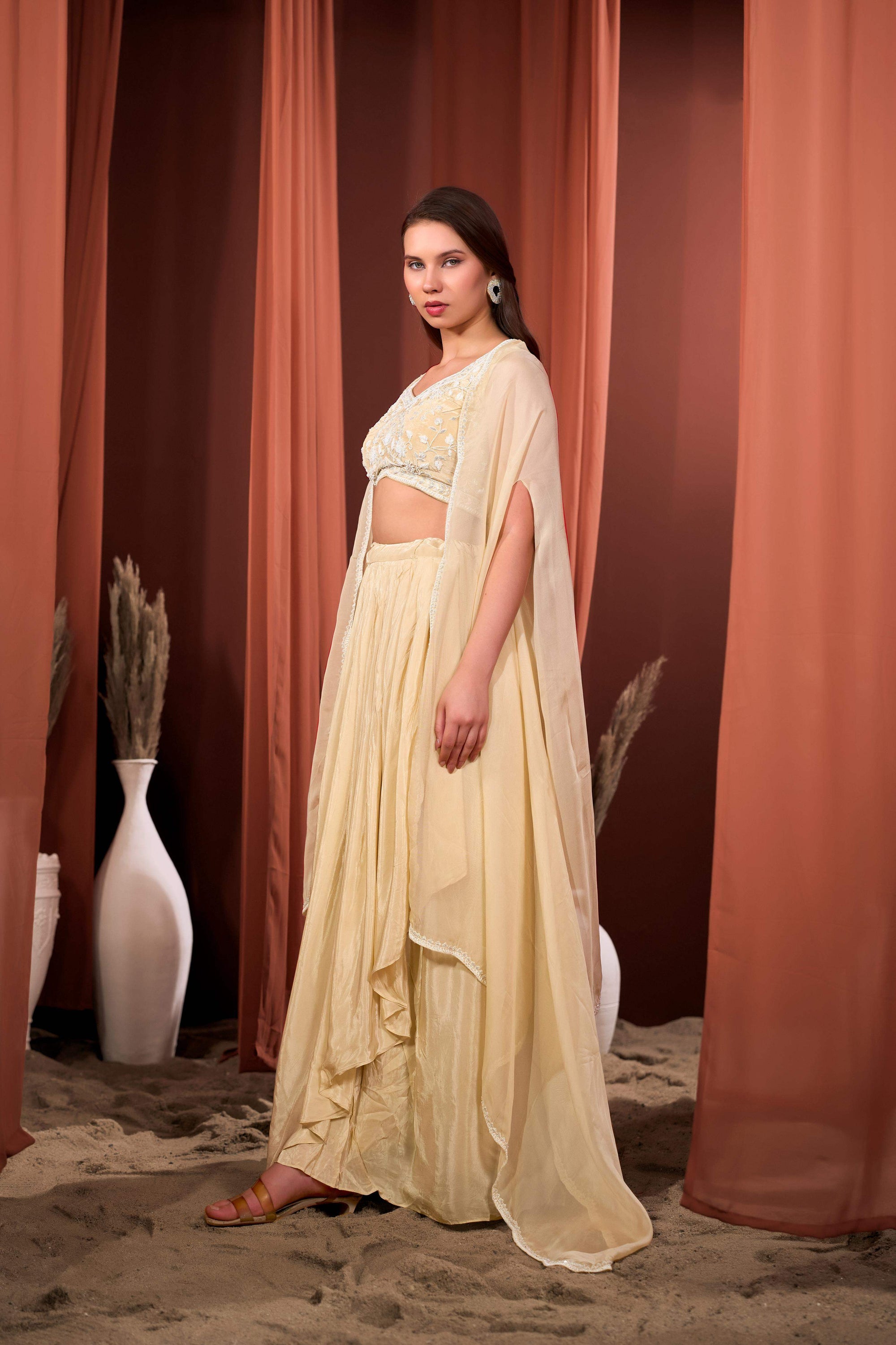 RIZABELLA Women Veda Embroidered Drape Set with Cape