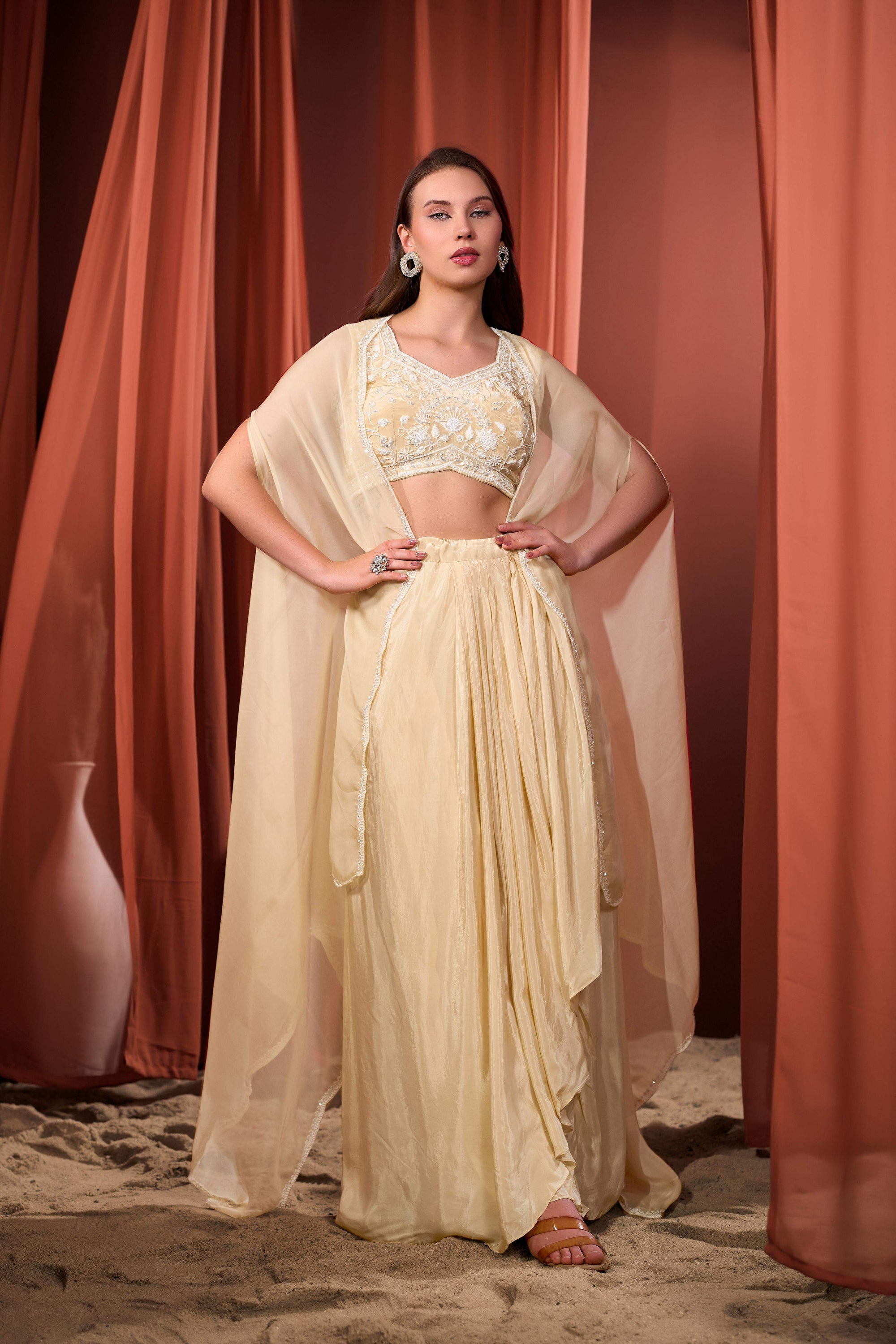 RIZABELLA Women Veda Embroidered Drape Set with Cape