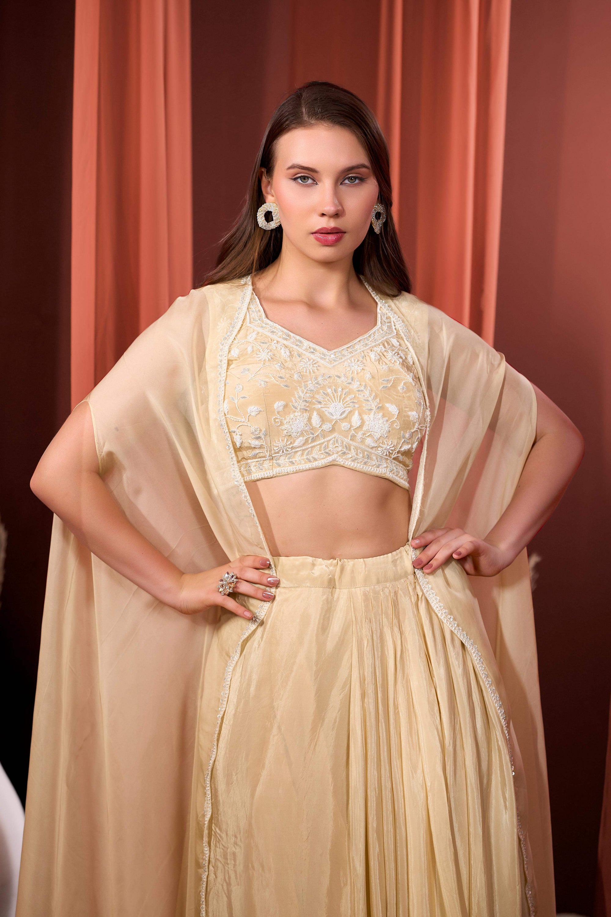 RIZABELLA Women Veda Embroidered Drape Set with Cape