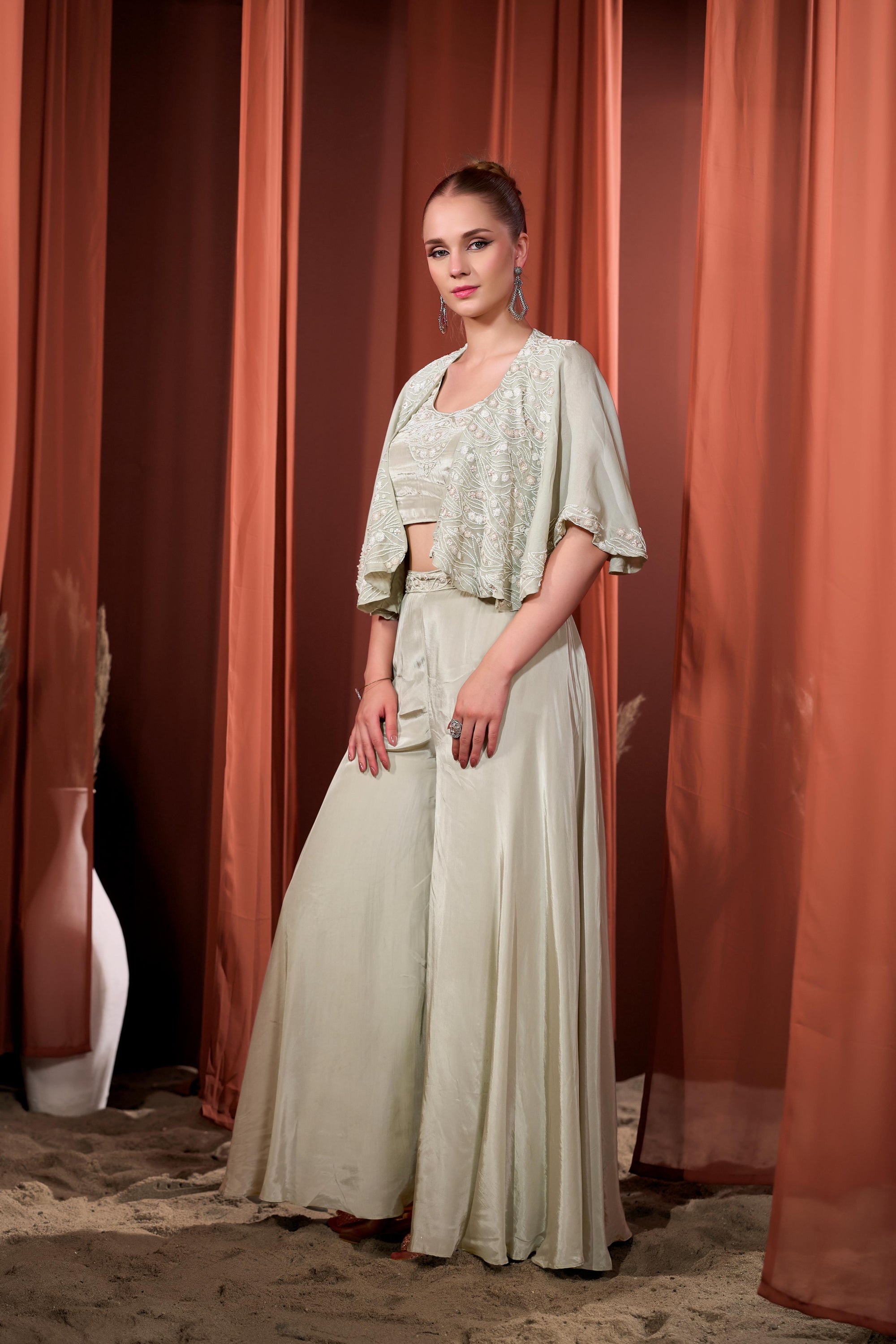 Rizabella Women Mehfil Sage Green Embroidered Jacket Palazzo Set