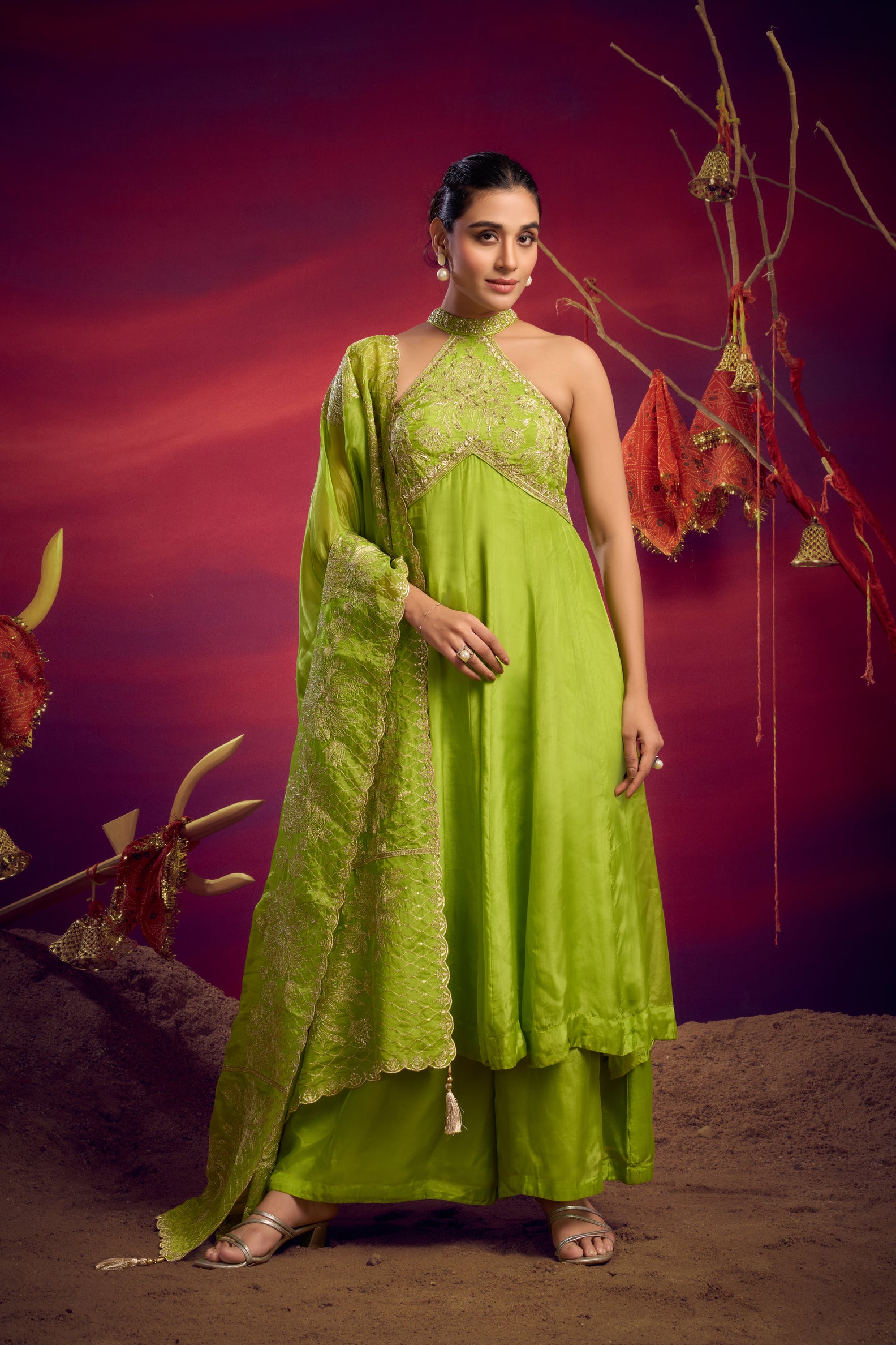 halter neck zari anarkali