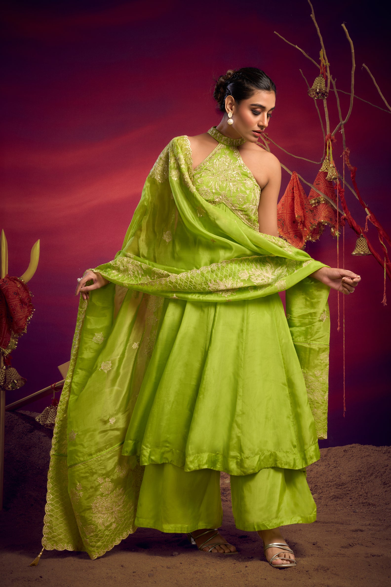 halter neck zari anarkali