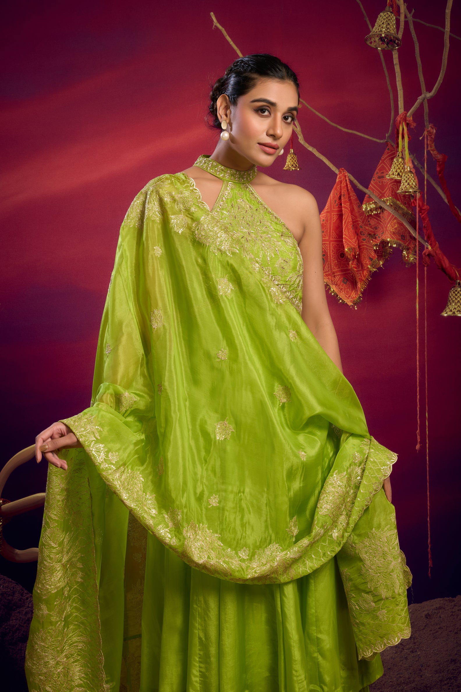 halter neck zari anarkali