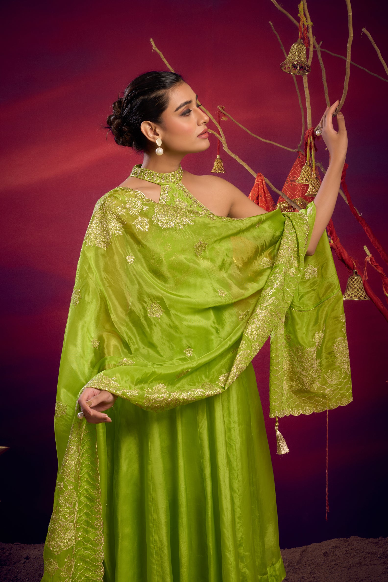 halter neck zari anarkali