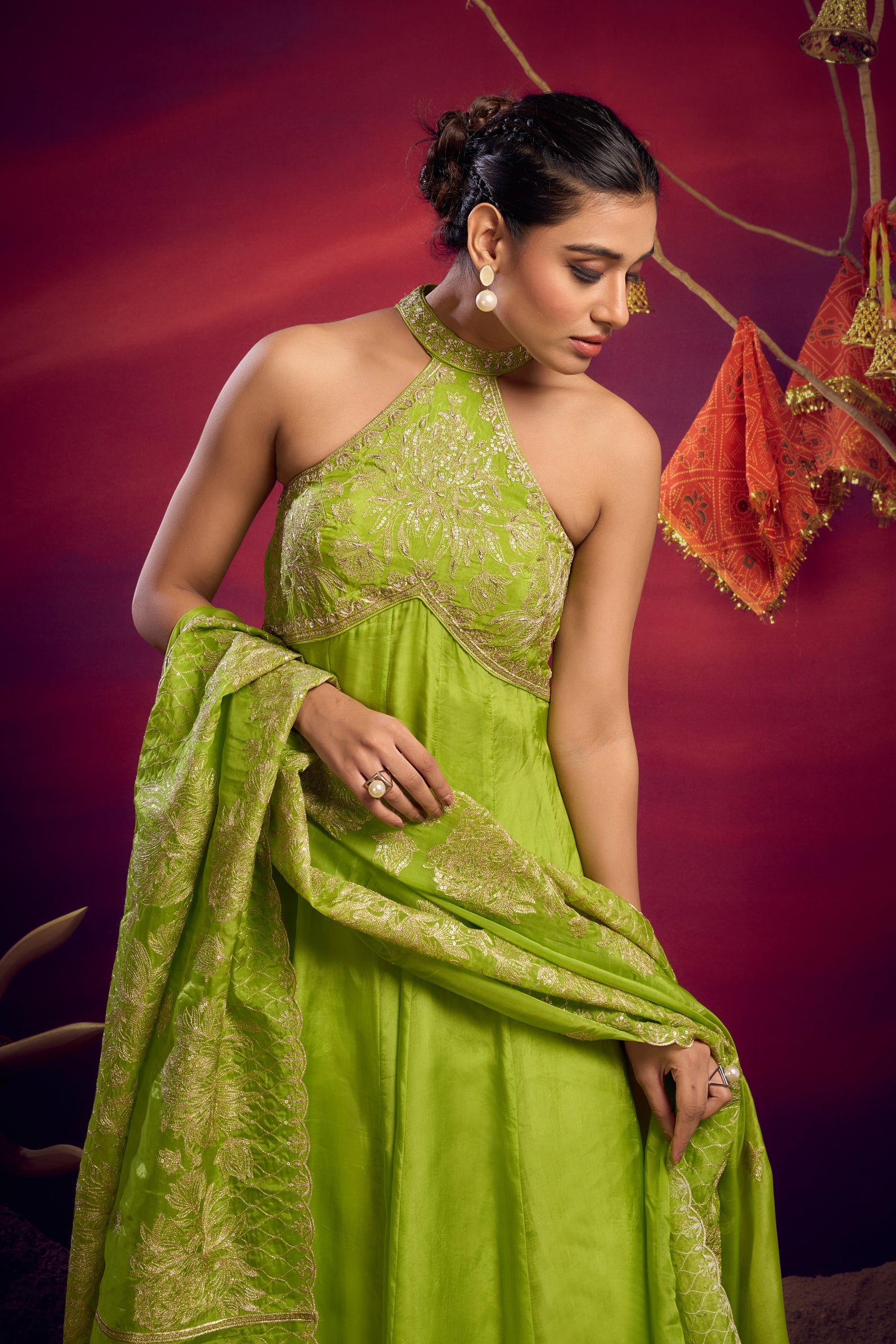 halter neck zari anarkali