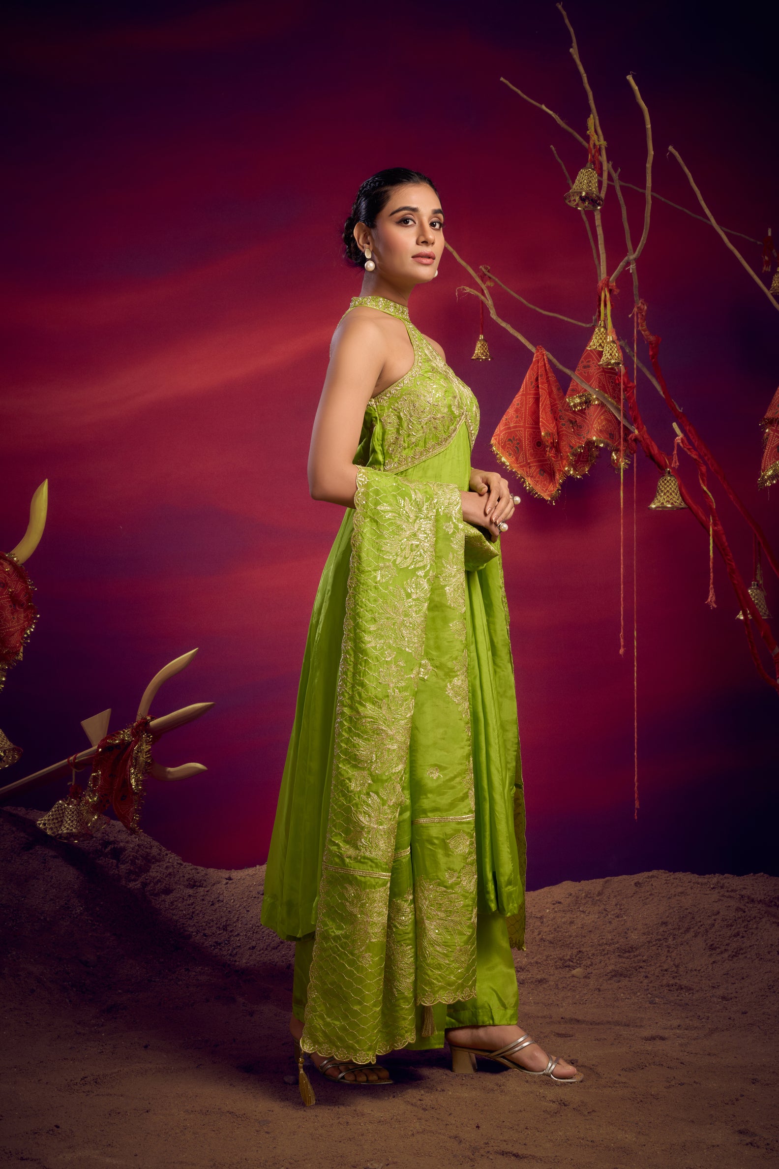 halter neck zari anarkali