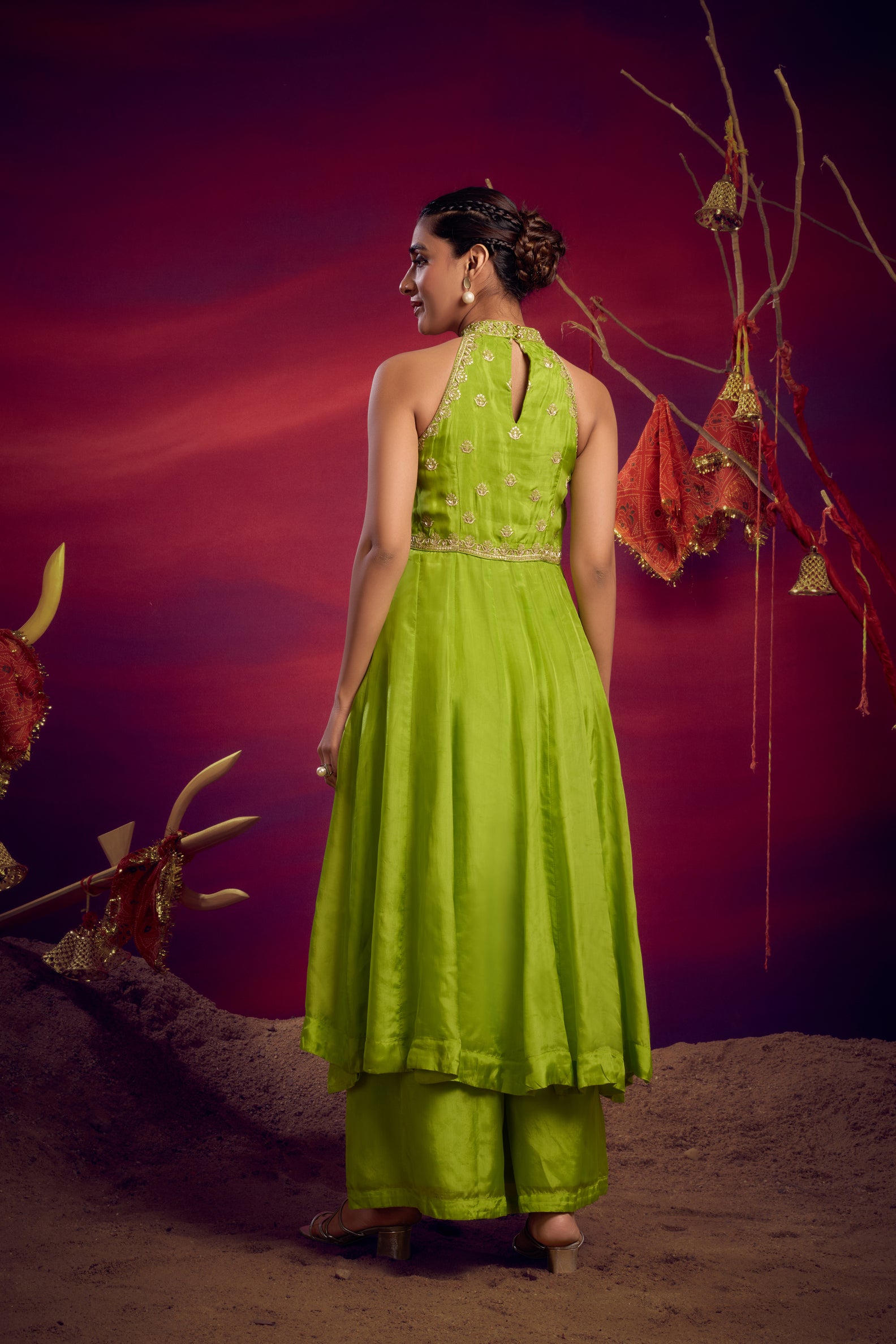 halter neck zari anarkali