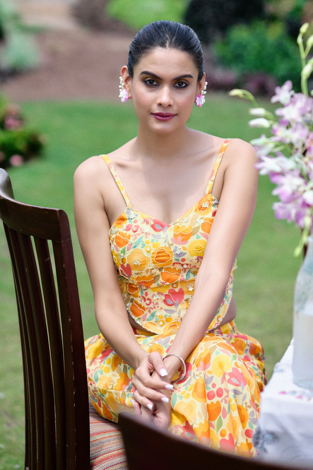 Floral Embroidered Co-ord Set - Yellow- Orange