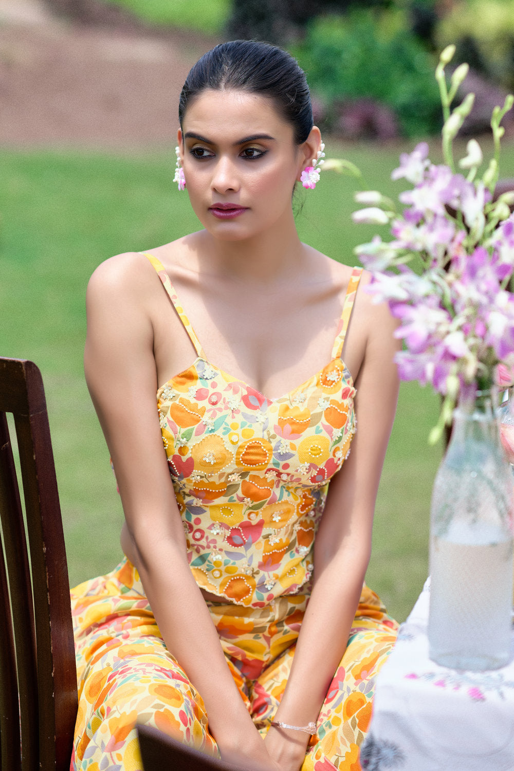 Floral Embroidered Co-ord Set - Yellow- Orange