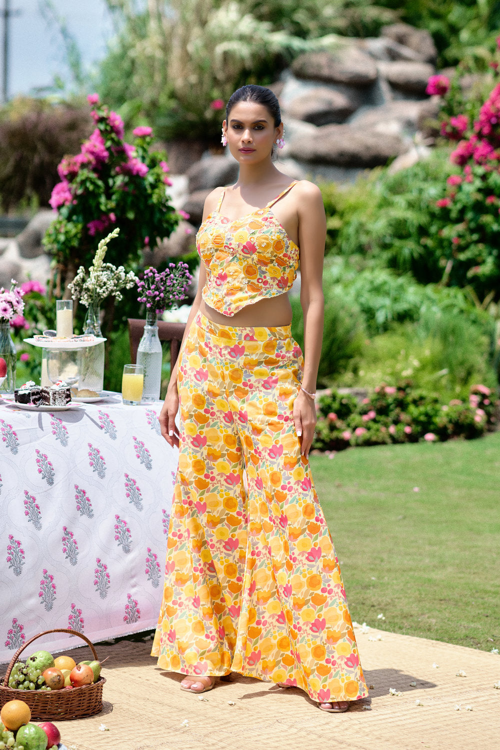 Floral Embroidered Co-ord Set - Yellow- Orange