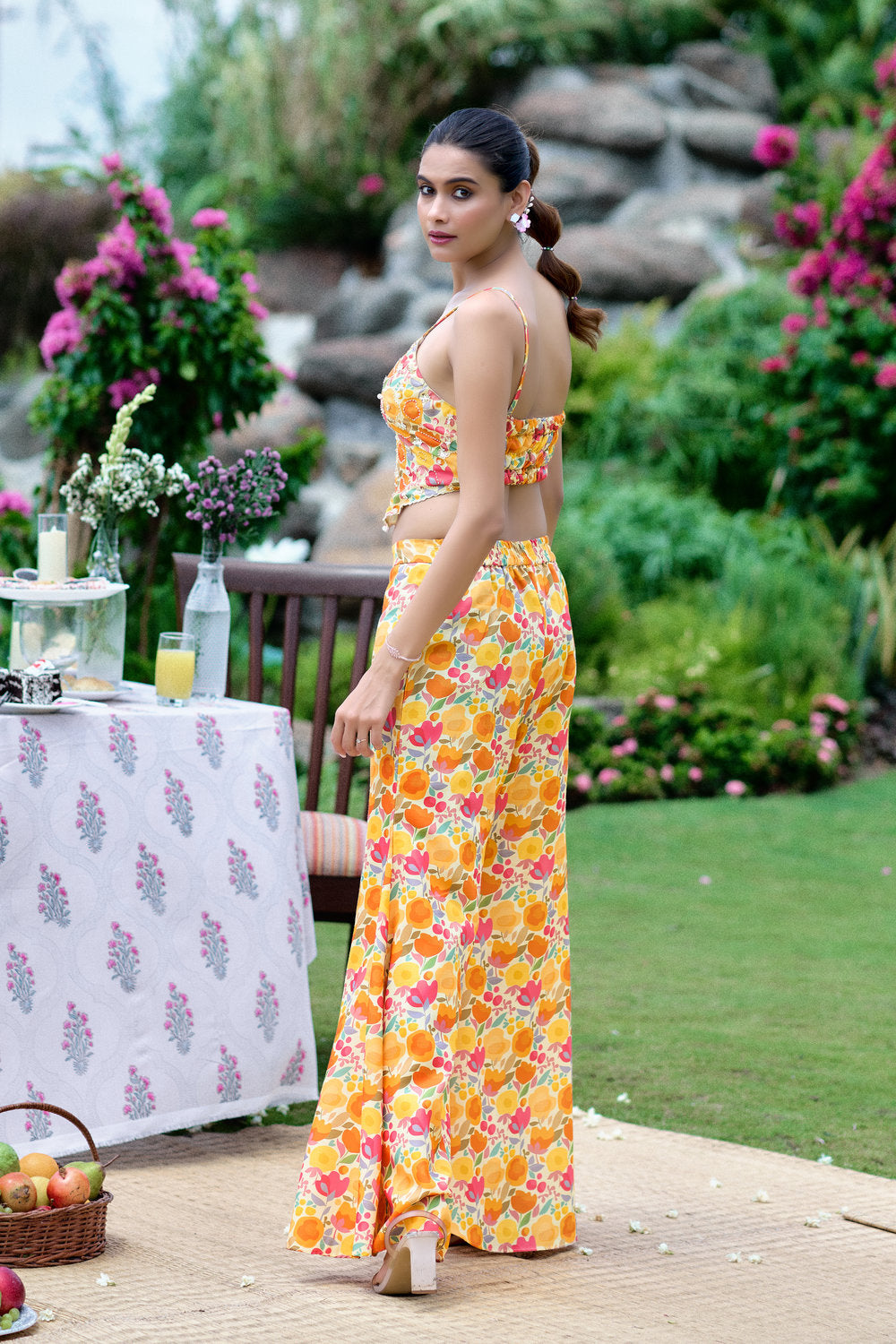 Floral Embroidered Co-ord Set - Yellow- Orange