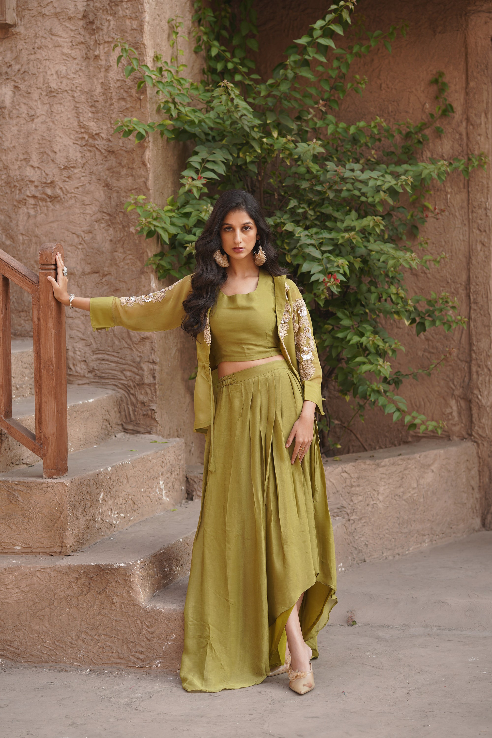 Olive green embellished sleeves shrug set