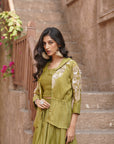 Olive green embellished sleeves shrug set