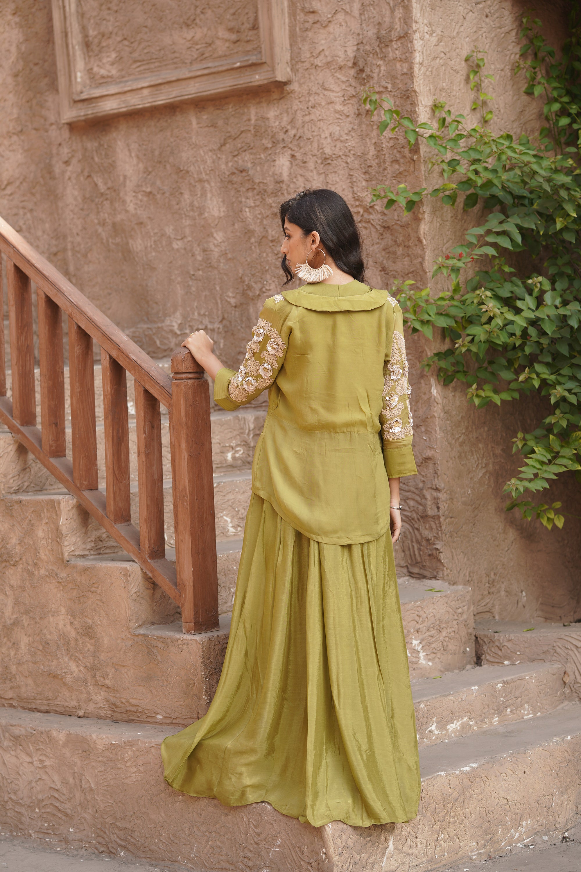 Olive green embellished sleeves shrug set