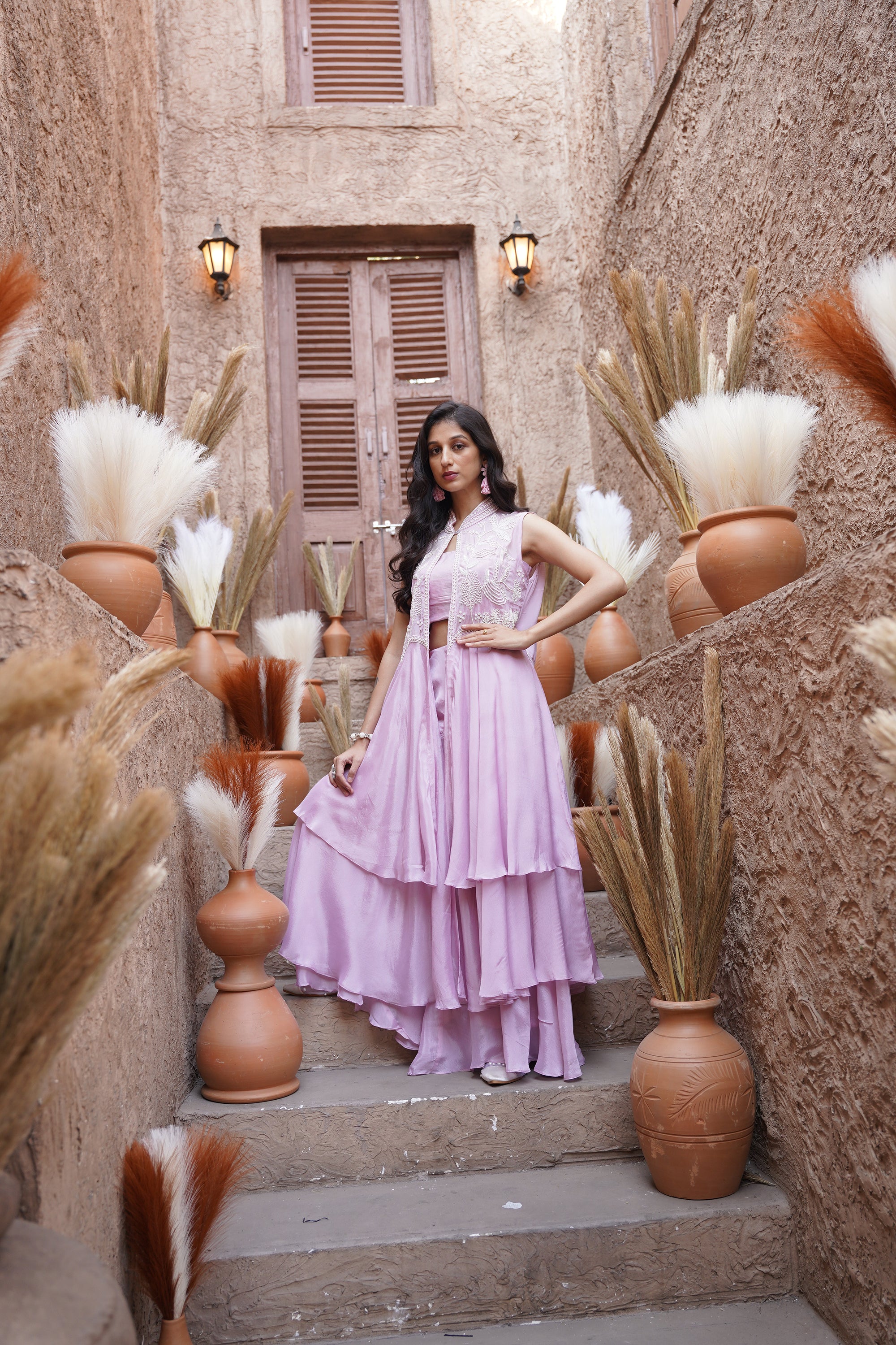 Beaded long jacket set - Lilac